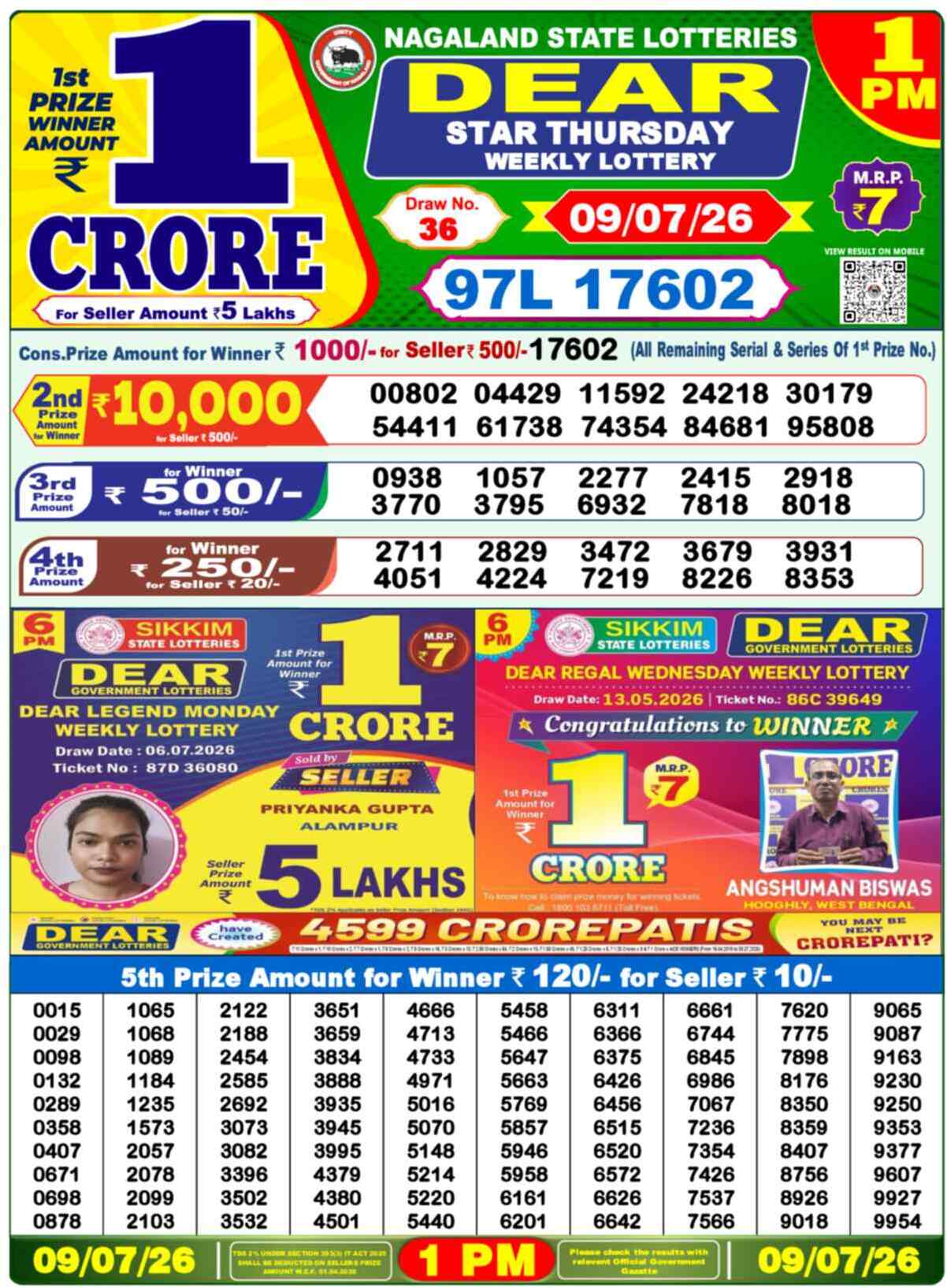 Dear Lottery 1 PM Result 09/07/26