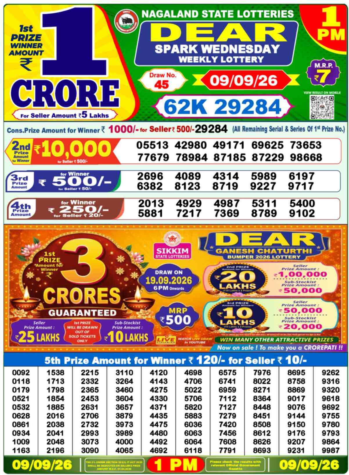 Nagaland State Lottery 1 PM Result 09-09-2026