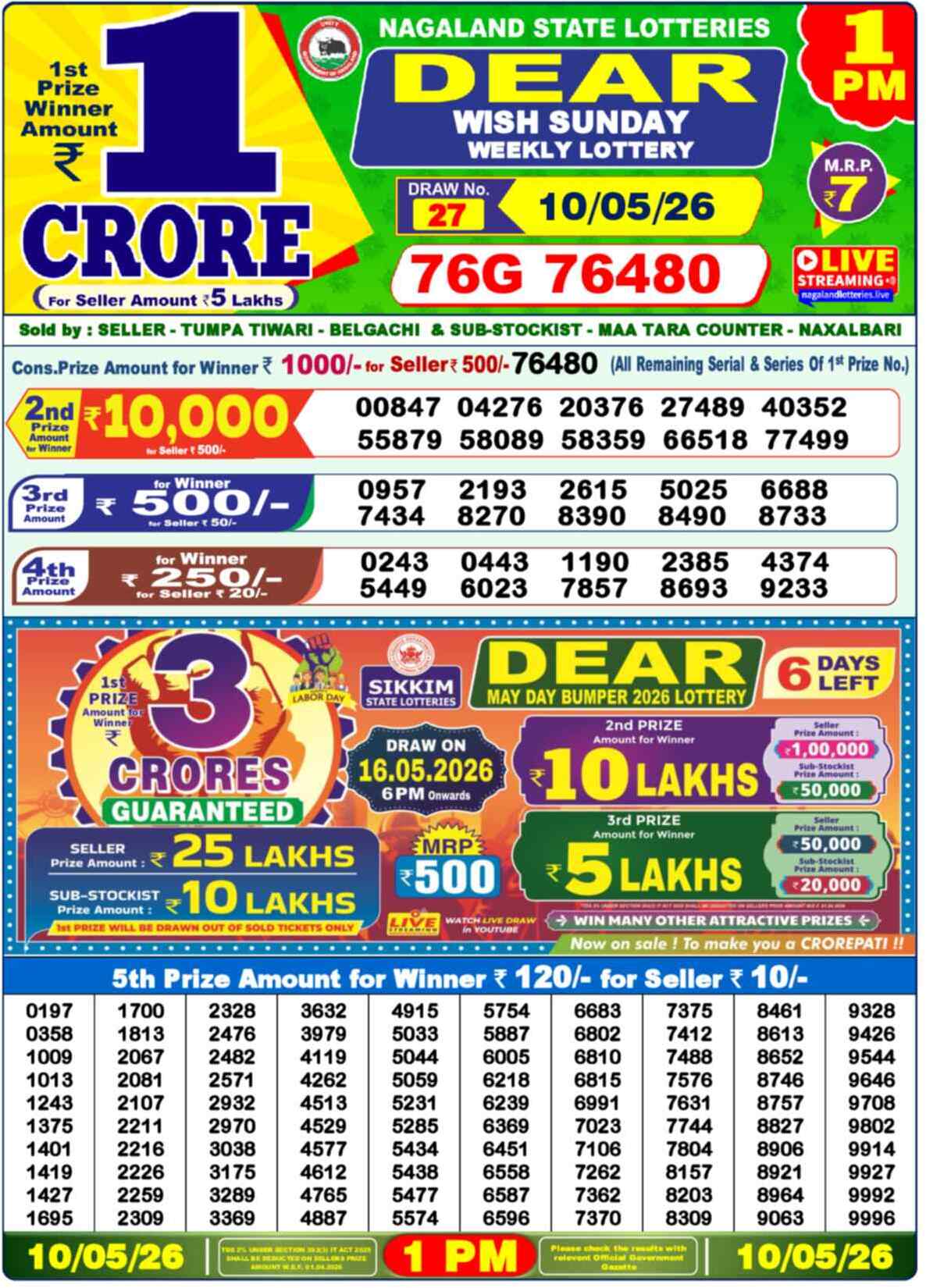 Dear Lottery 1 PM Result 10/05/26