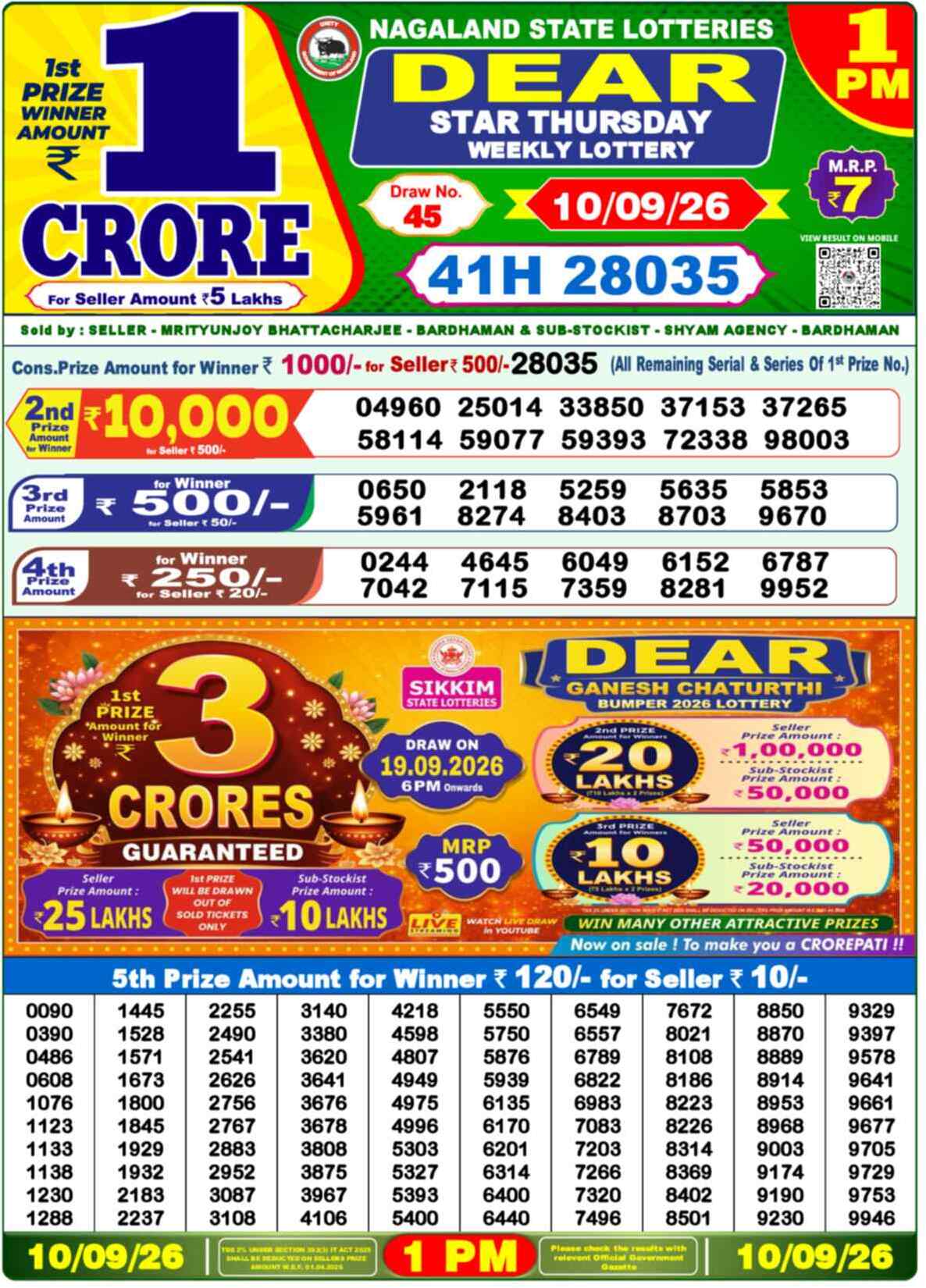 Nagaland State Lottery 1 PM Result 10-09-2026