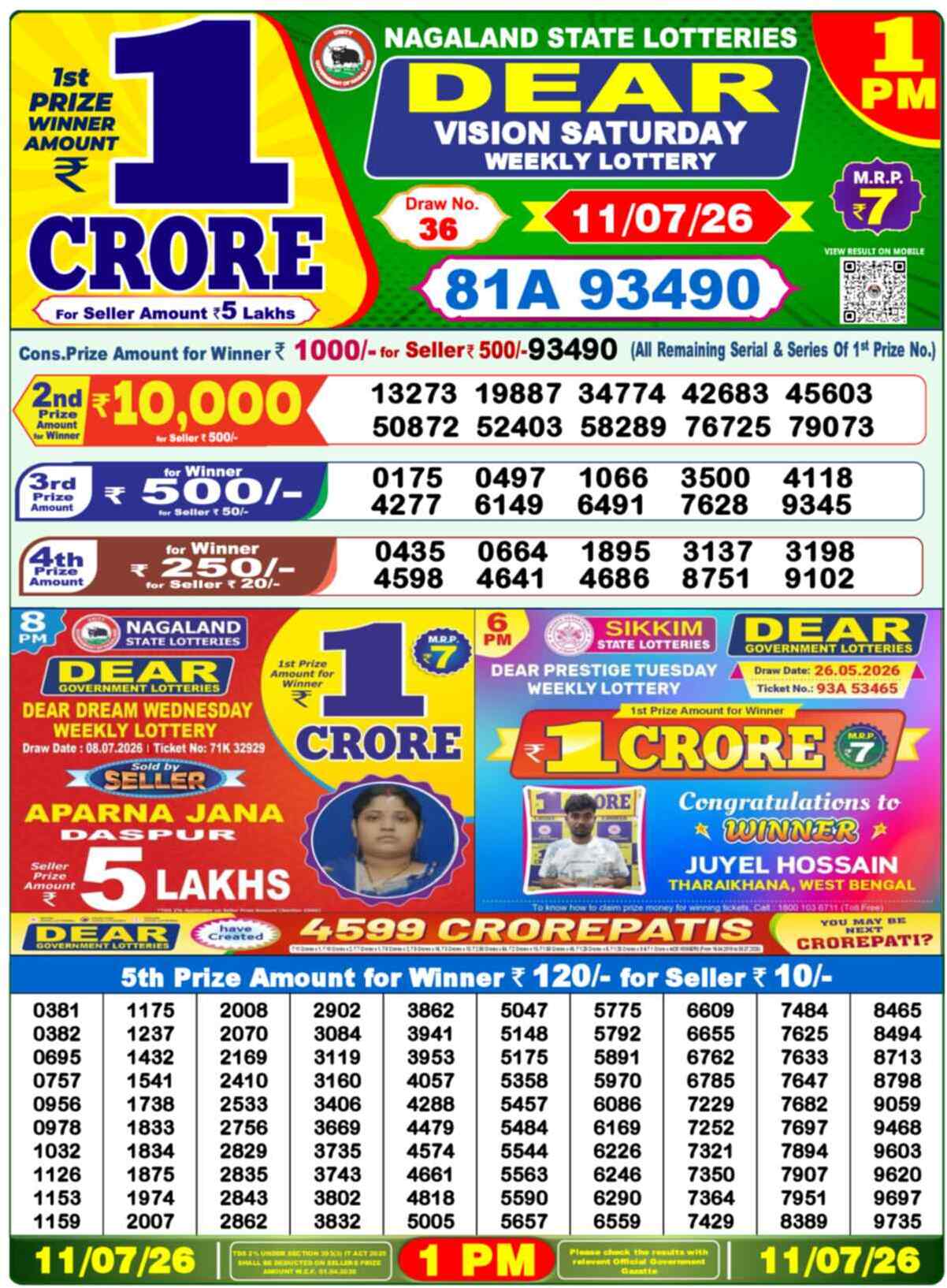 Nagaland Lottery 1 PM 11.07.2026