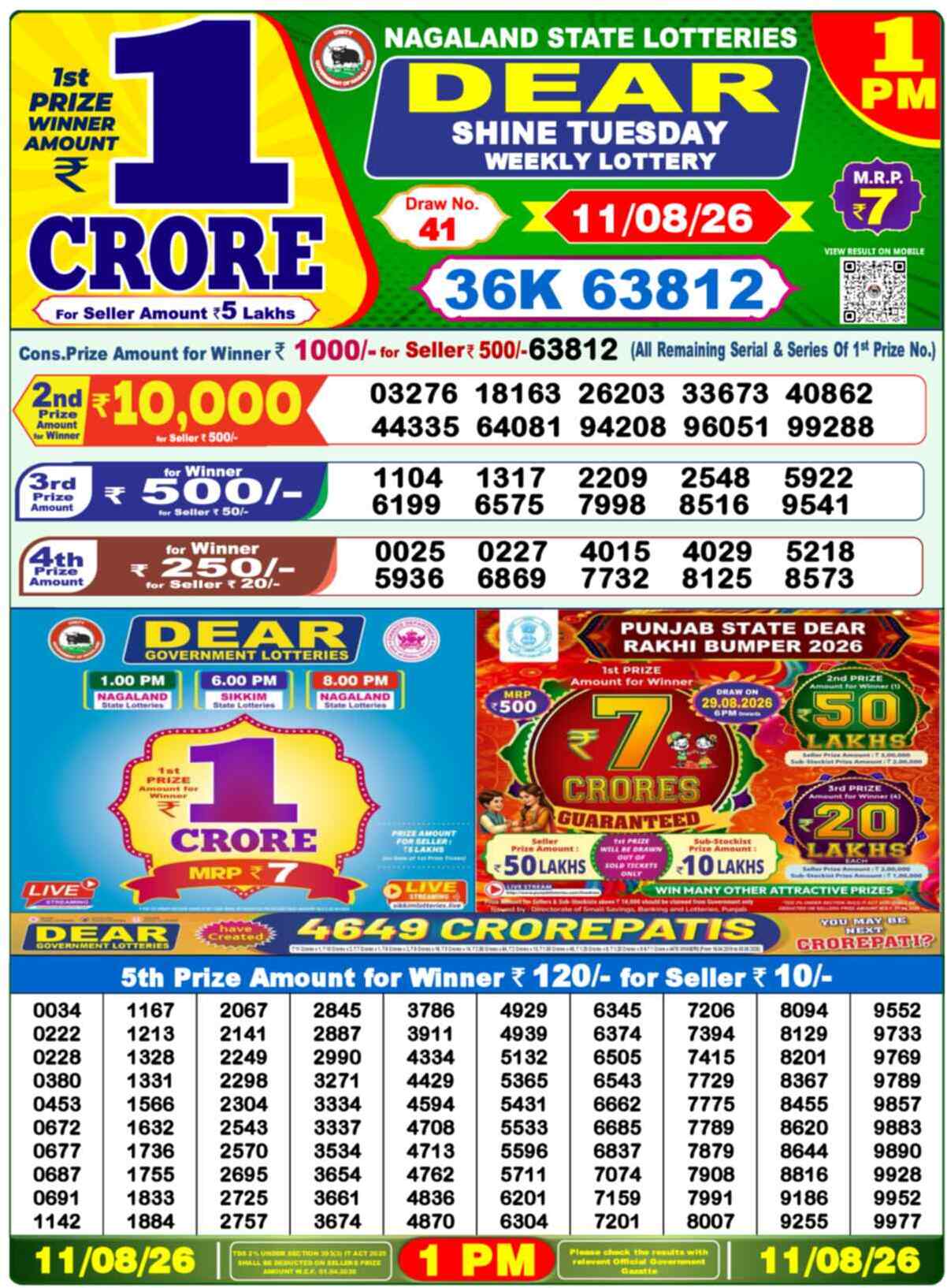 Nagaland State Lottery 1 PM Result 11-08-2026