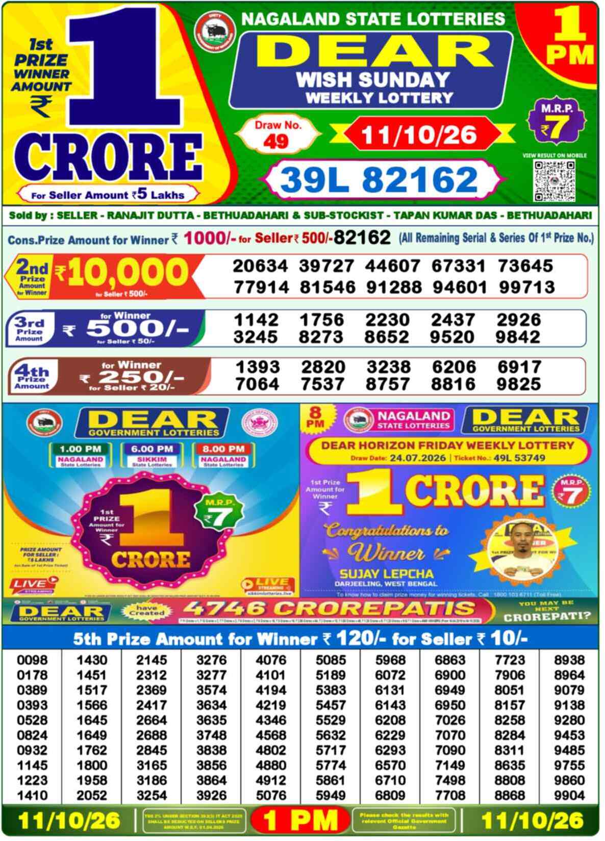 Nagaland State Lottery 1 PM Result 11-10-2026