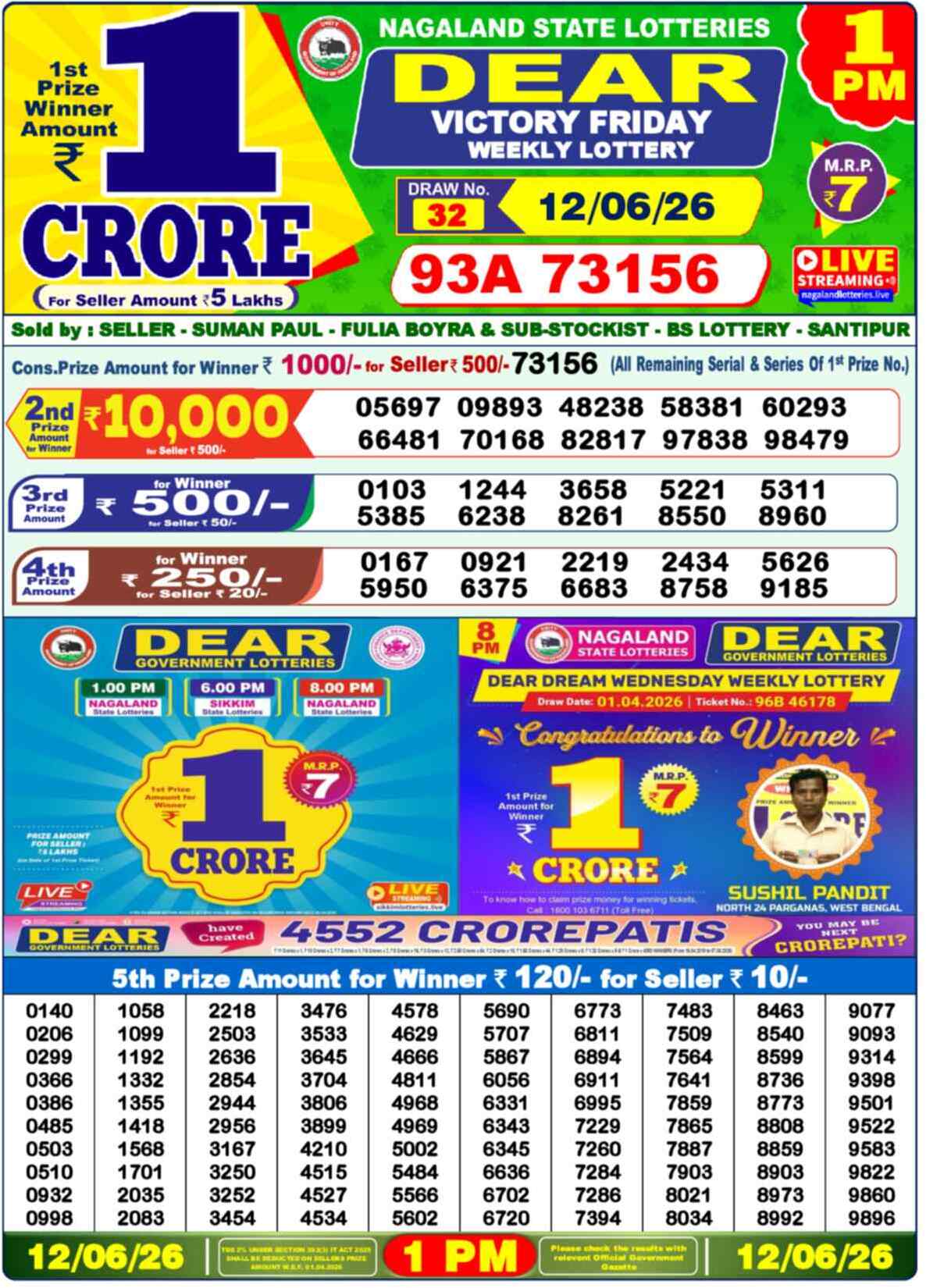 Dear Lottery 1 PM Result 12/06/26