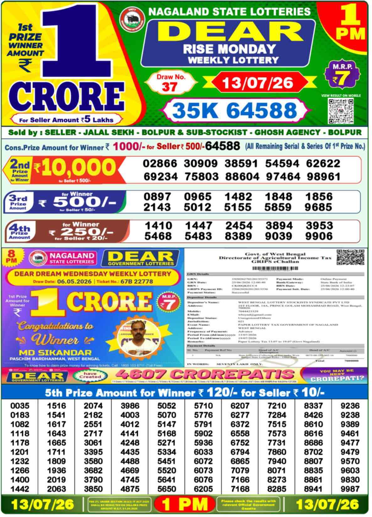 Nagaland State Lottery 1 PM Result 13-07-2026