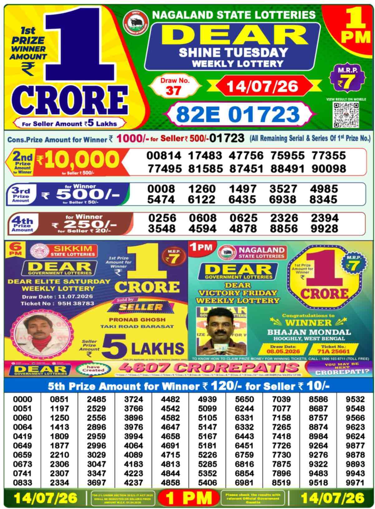 Nagaland State Lottery 1 PM Result 14-07-2026