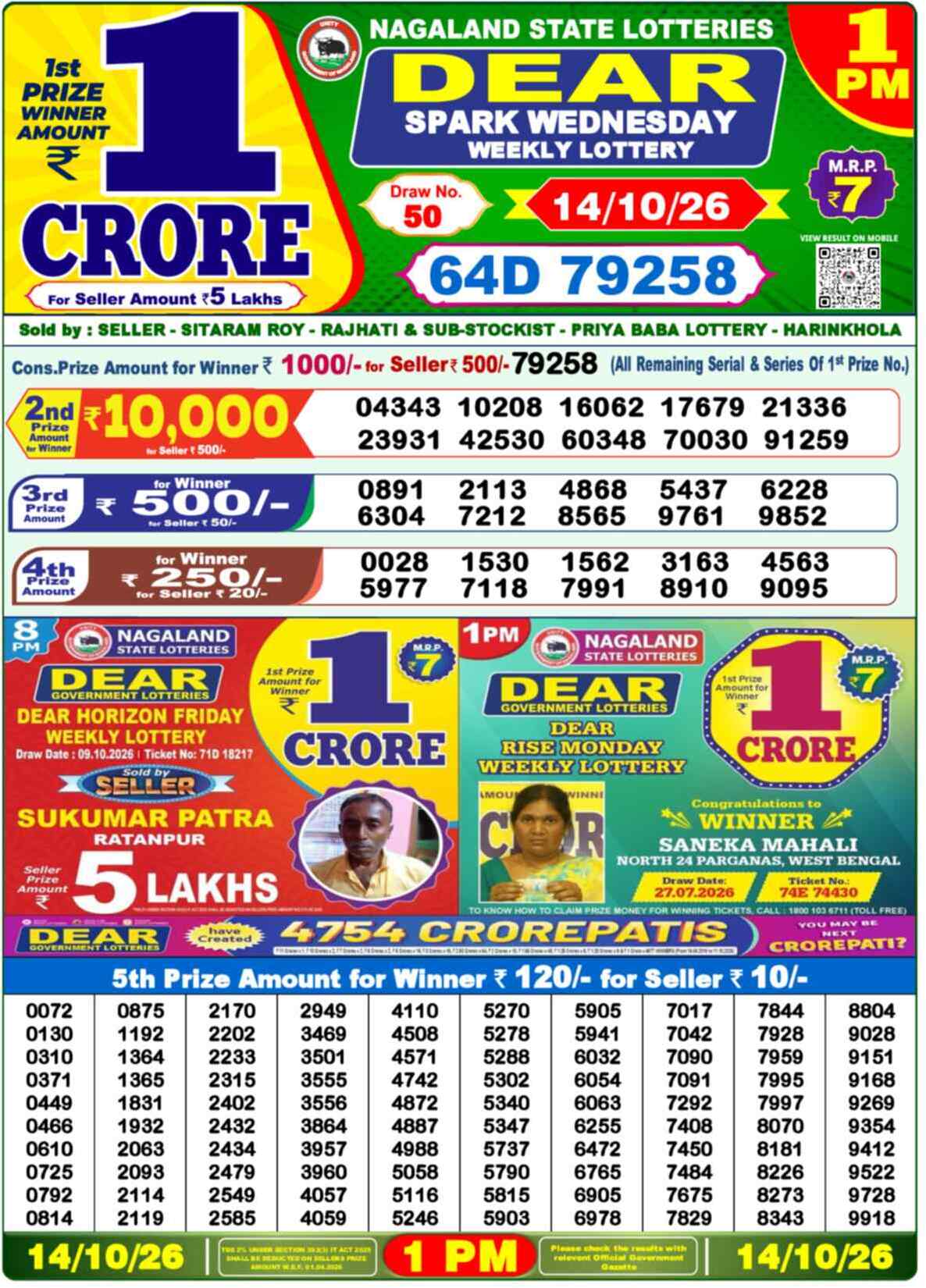 Nagaland State Lottery 1 PM Result 14-10-2026
