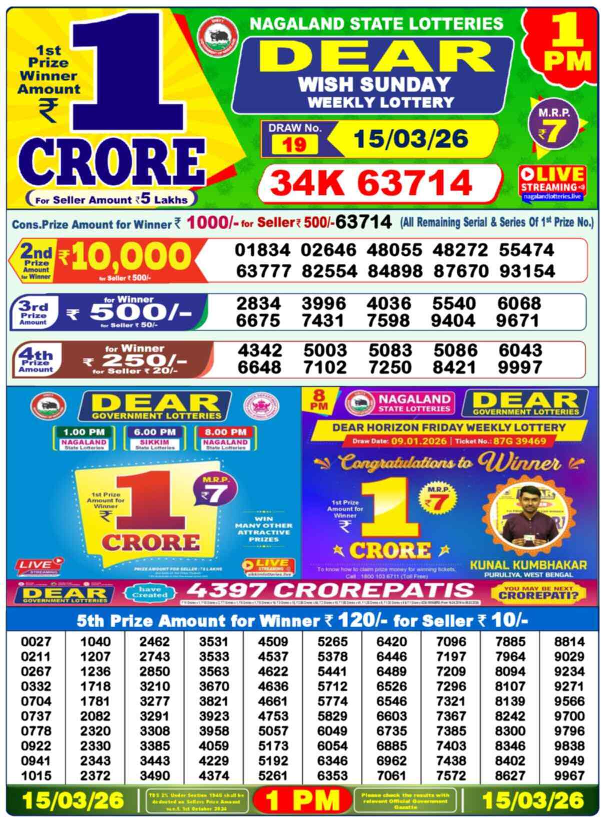 Dear Lottery 1 PM Result 15/03/26
