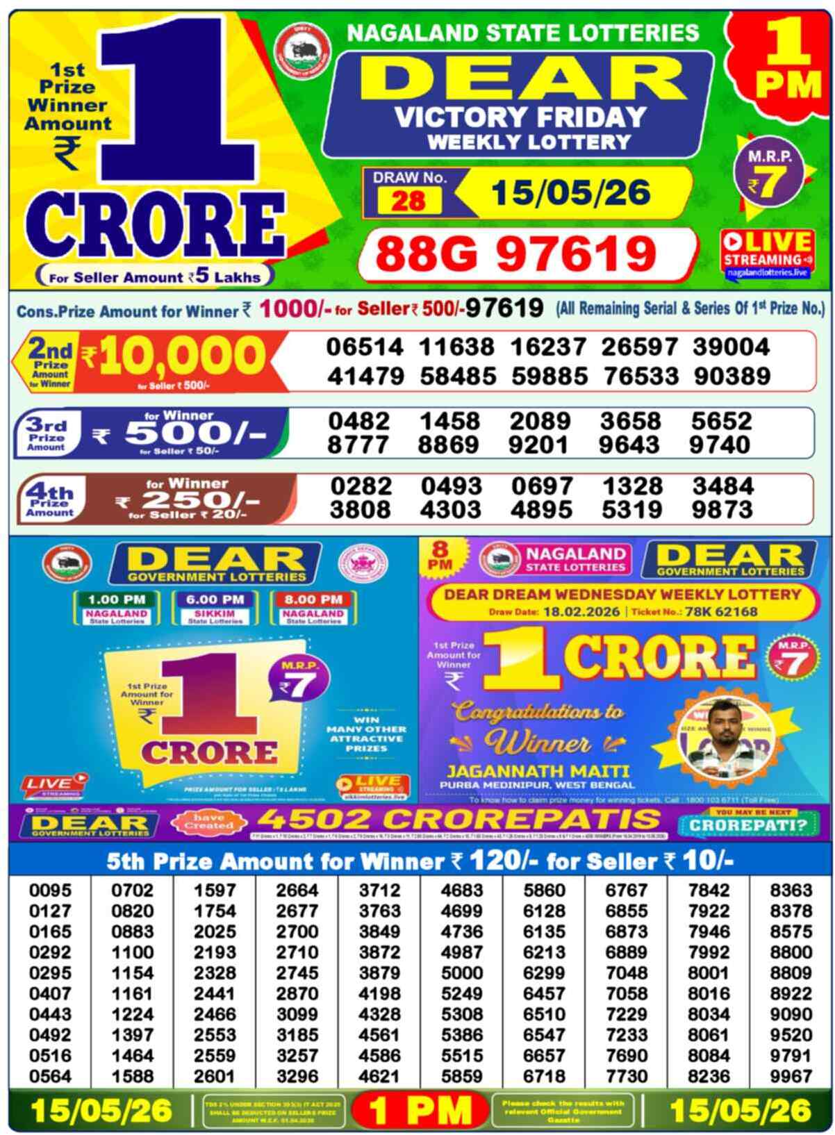 Dear Lottery 1 PM Result 15/05/26