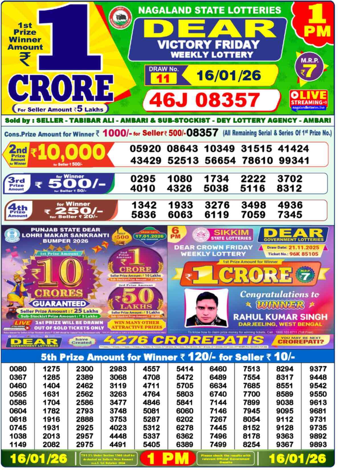 Nagaland Lottery 1 PM 16.01.2026