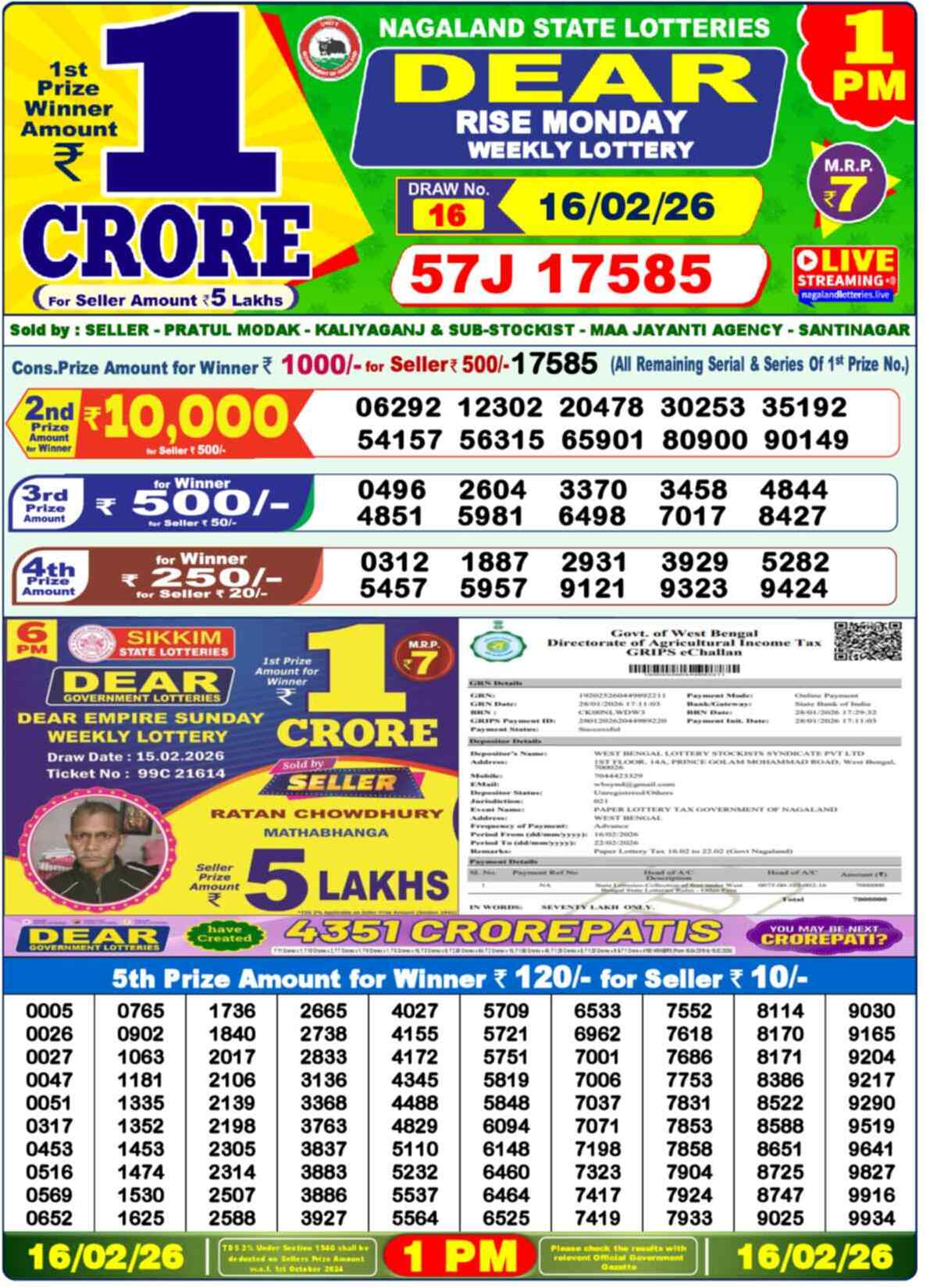 Nagaland Lottery 1 PM 16.02.2026
