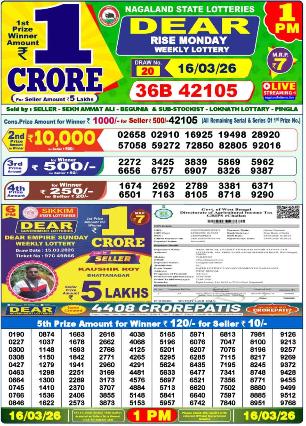 Dear Lottery 1 PM Result 16/03/26