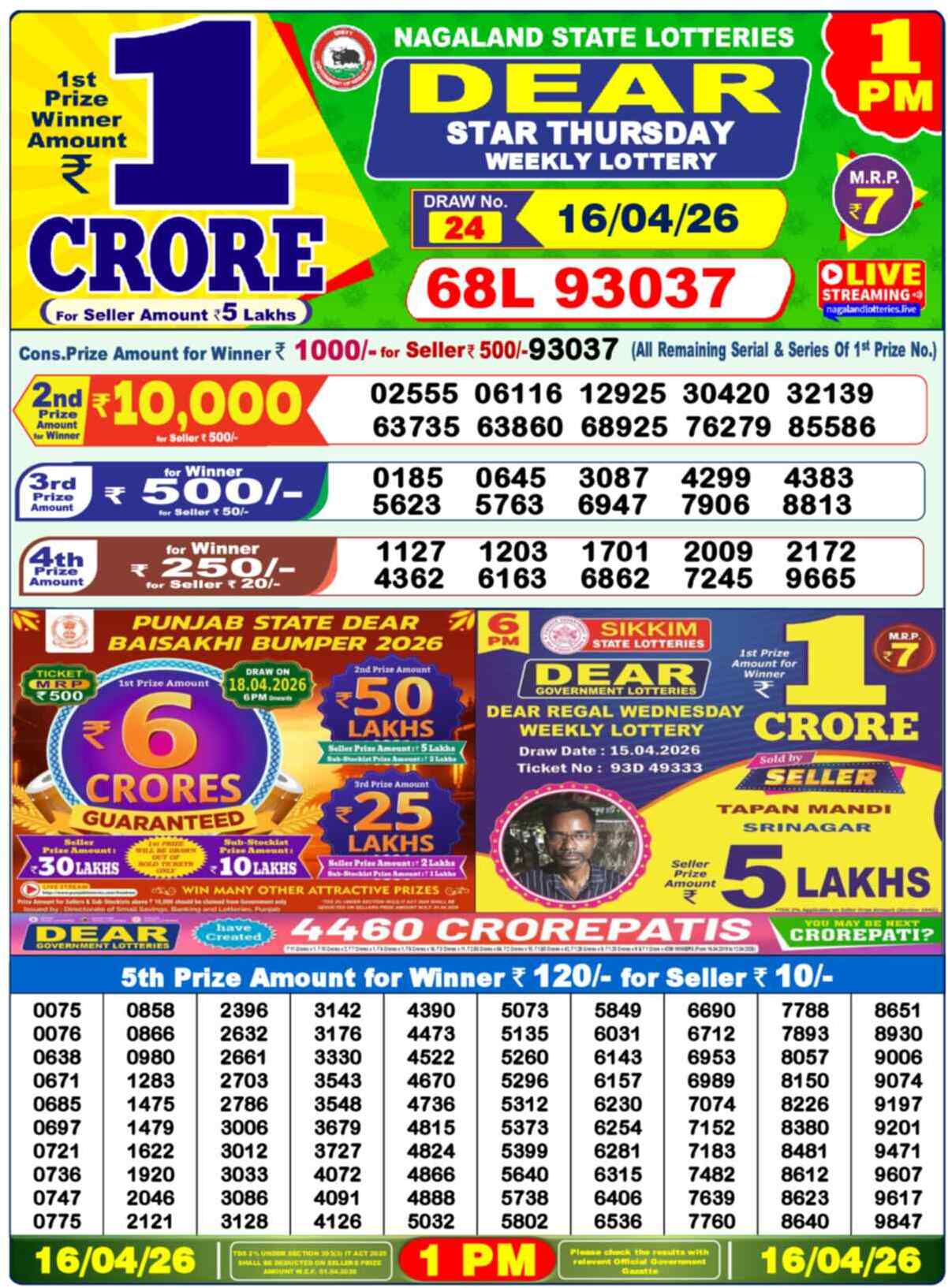 Dear Lottery 1 PM Result 16/04/26