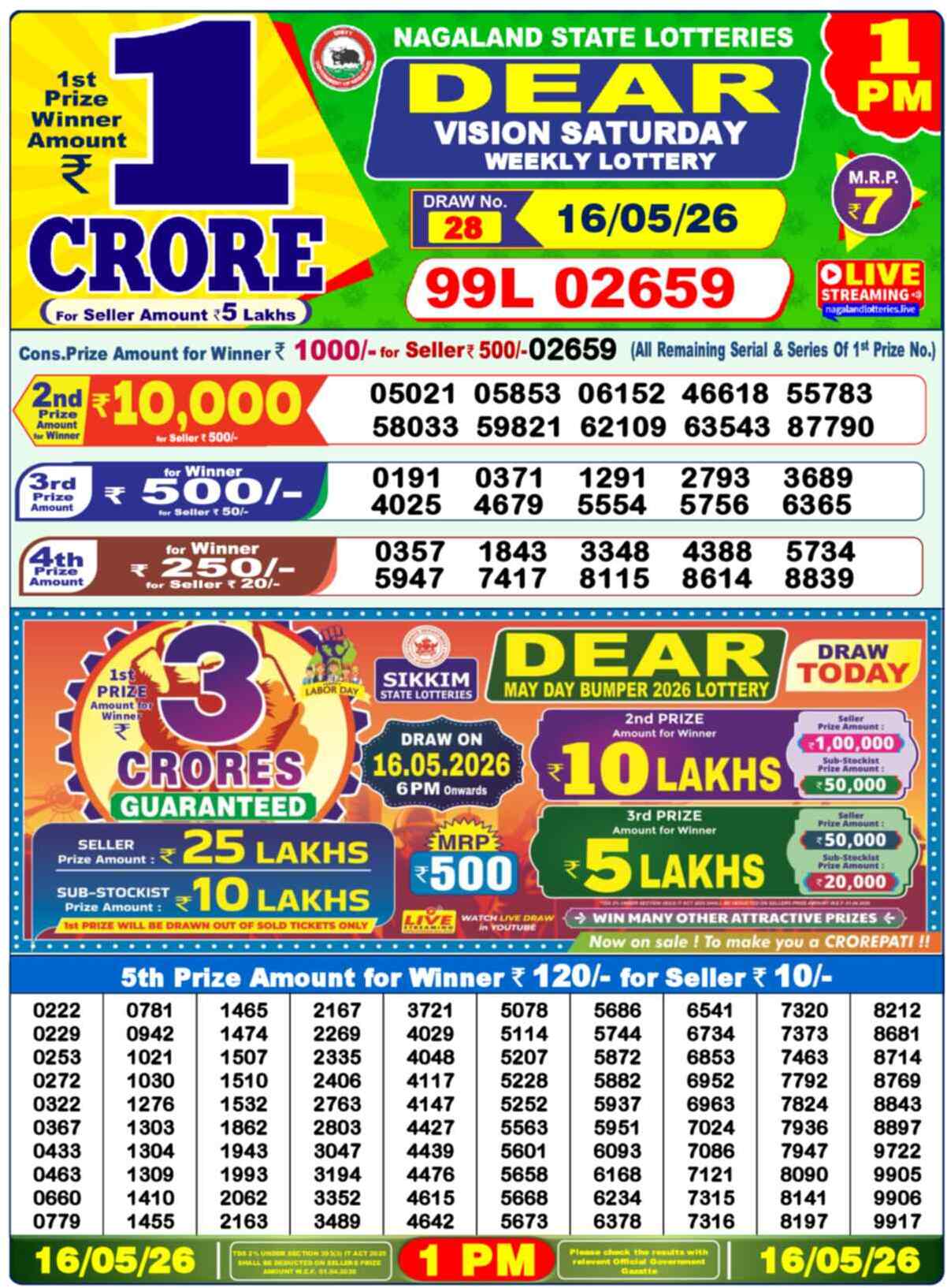 Nagaland Lottery 1 PM 16.05.2026