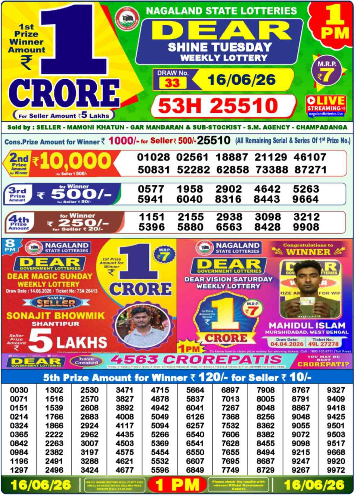 Dear Lottery 1 PM Result 16/06/26