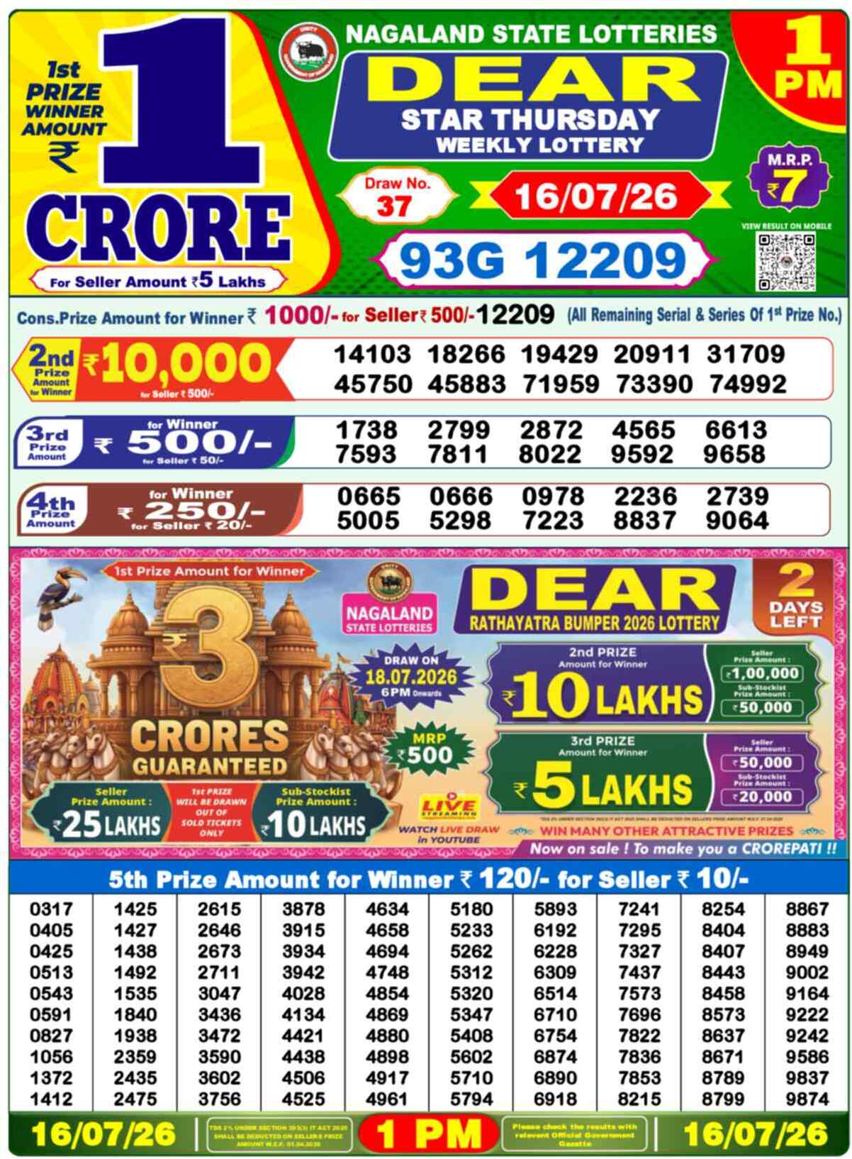 Nagaland State Lottery 1 PM Result 16-07-2026