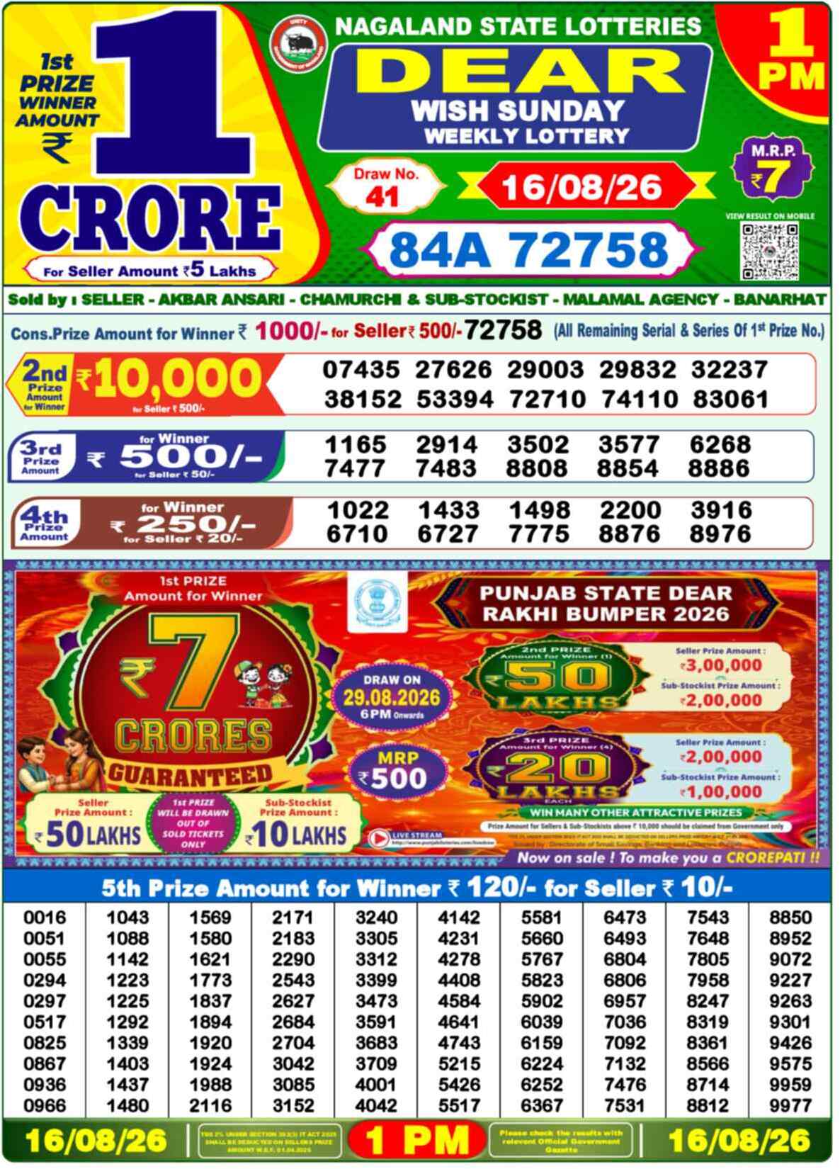 Nagaland State Lottery 1 PM Result 16-08-2026