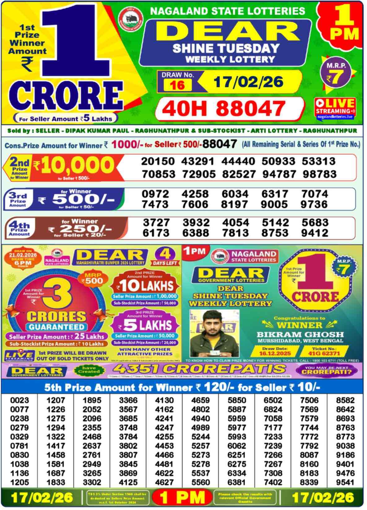 Nagaland Lottery 1 PM 17.02.2026