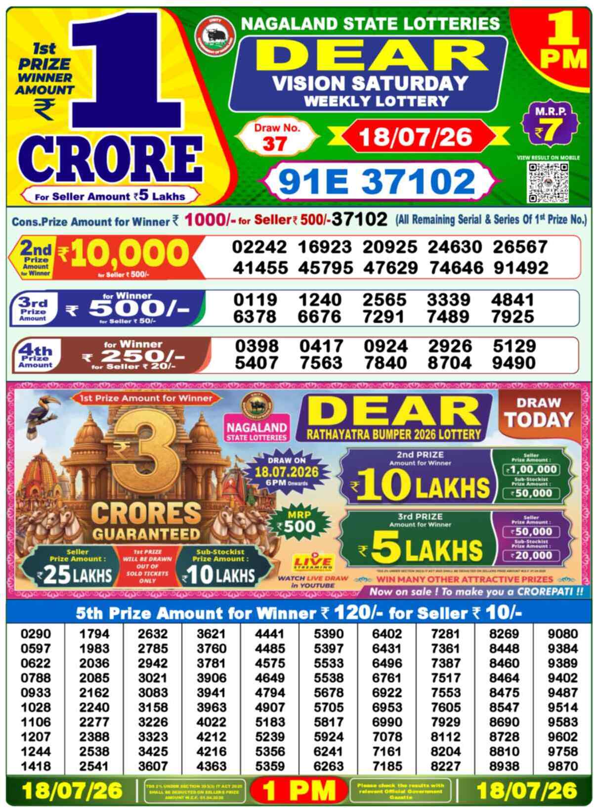 Nagaland State Lottery 1 PM Result 18-07-2026