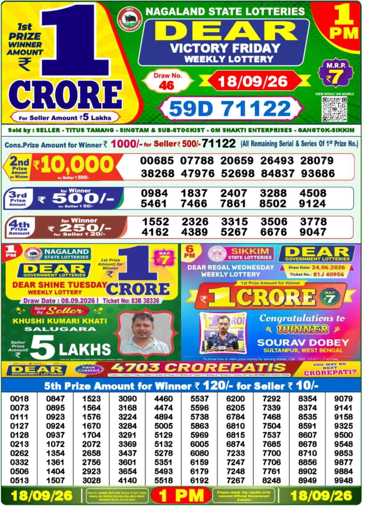 Nagaland State Lottery 1 PM Result 18-09-2026