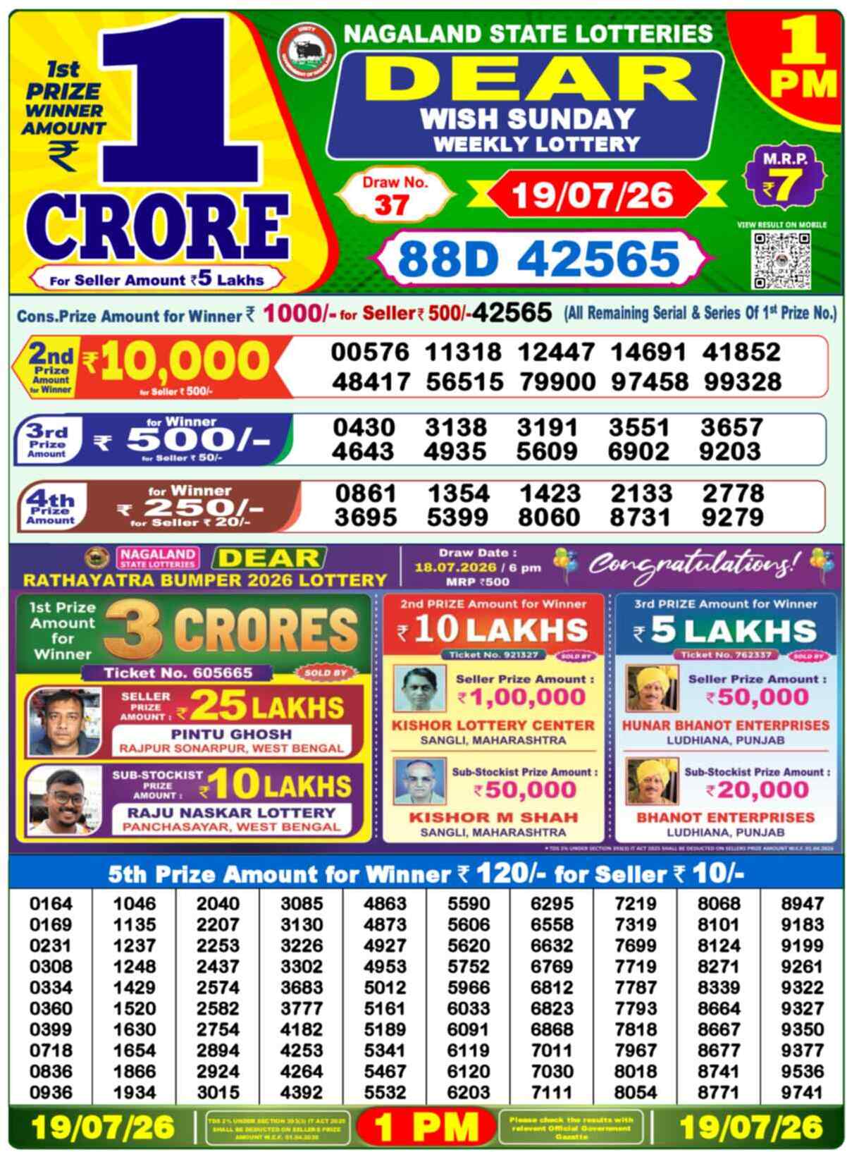 Nagaland State Lottery 1 PM Result 19-07-2026