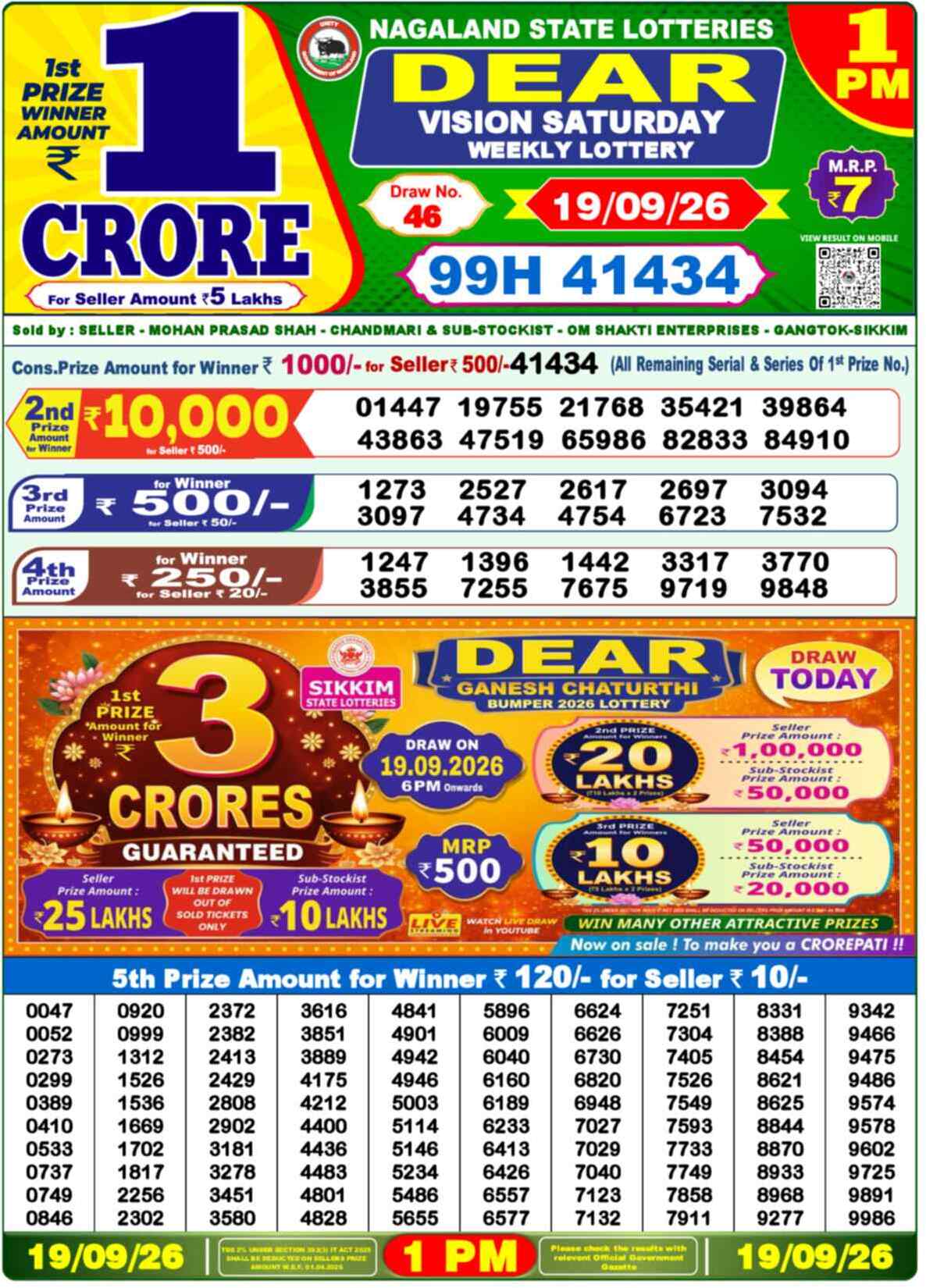 Nagaland State Lottery 1 PM Result 19-09-2026