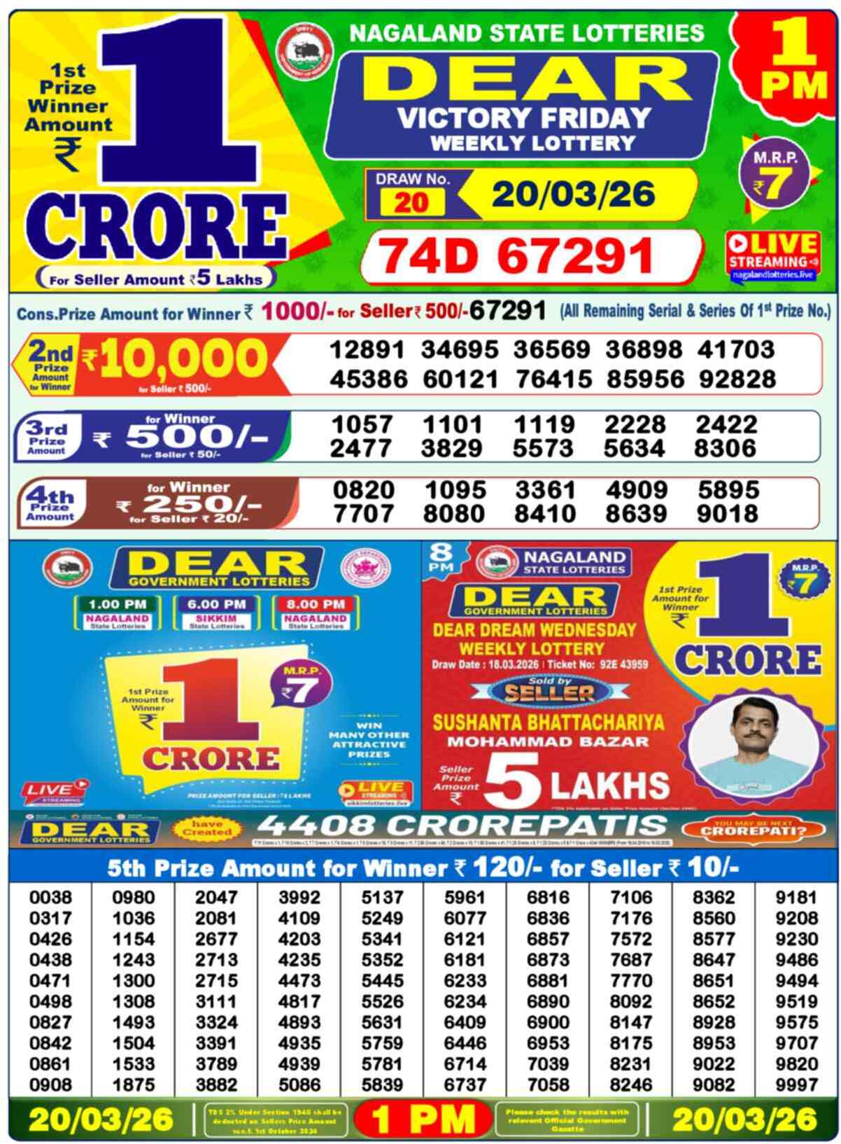 Dear Lottery 1 PM Result 20/03/26