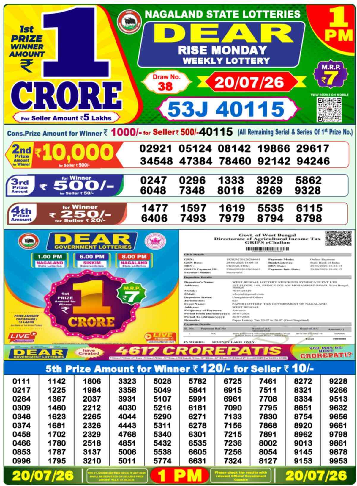Nagaland State Lottery 1 PM Result 20-07-2026
