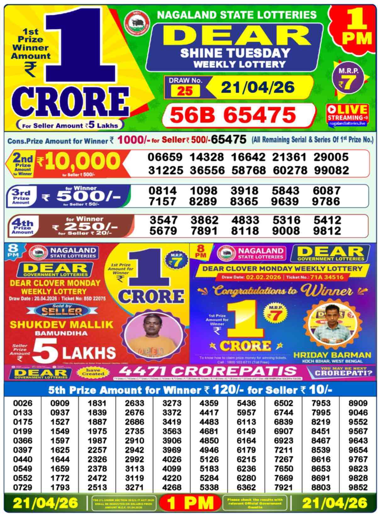 Dear Lottery 1 PM Result 21/04/26