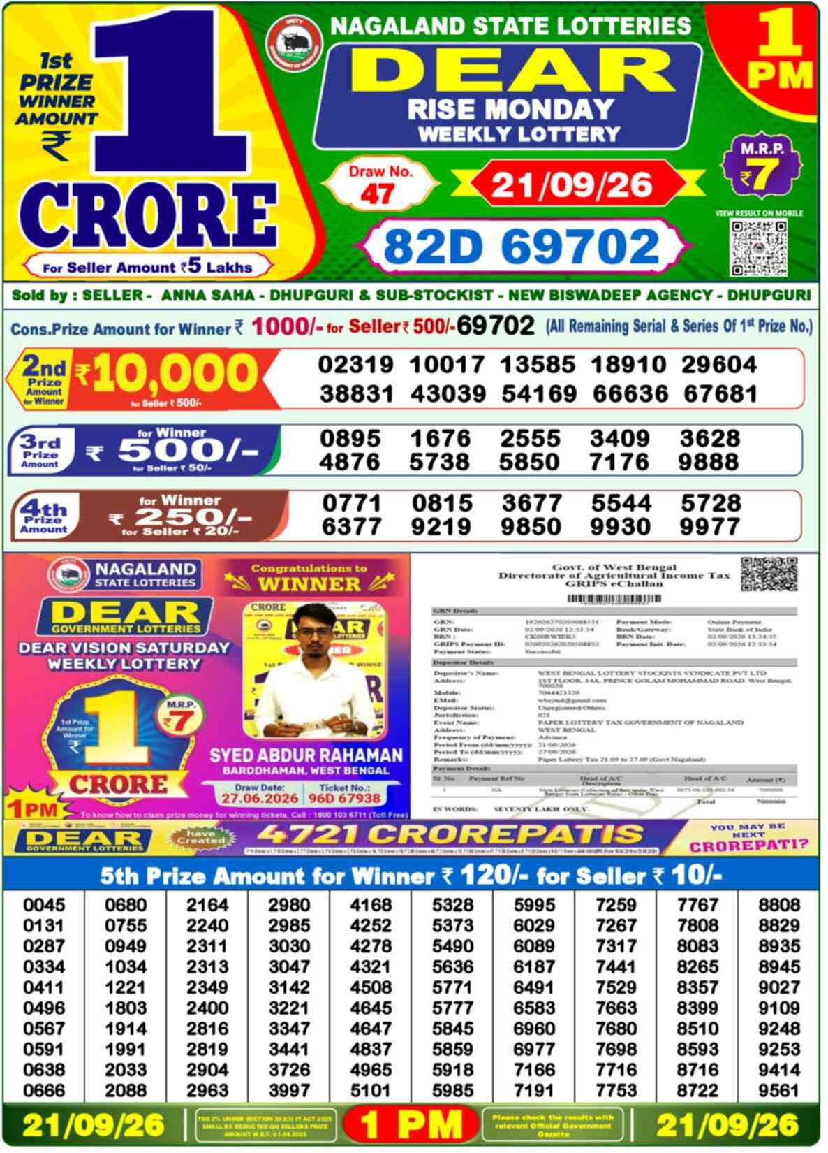 Nagaland State Lottery 1 PM Result 21-09-2026