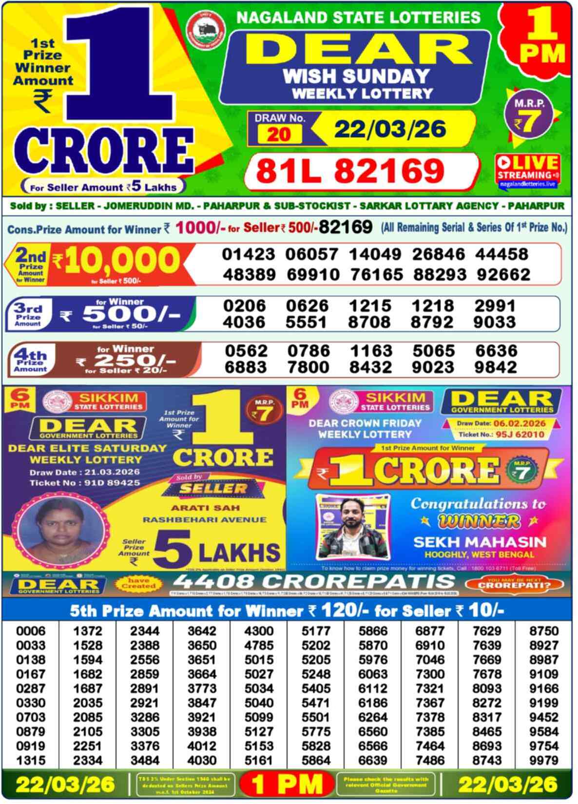 Dear Lottery 1 PM Result 22/03/26