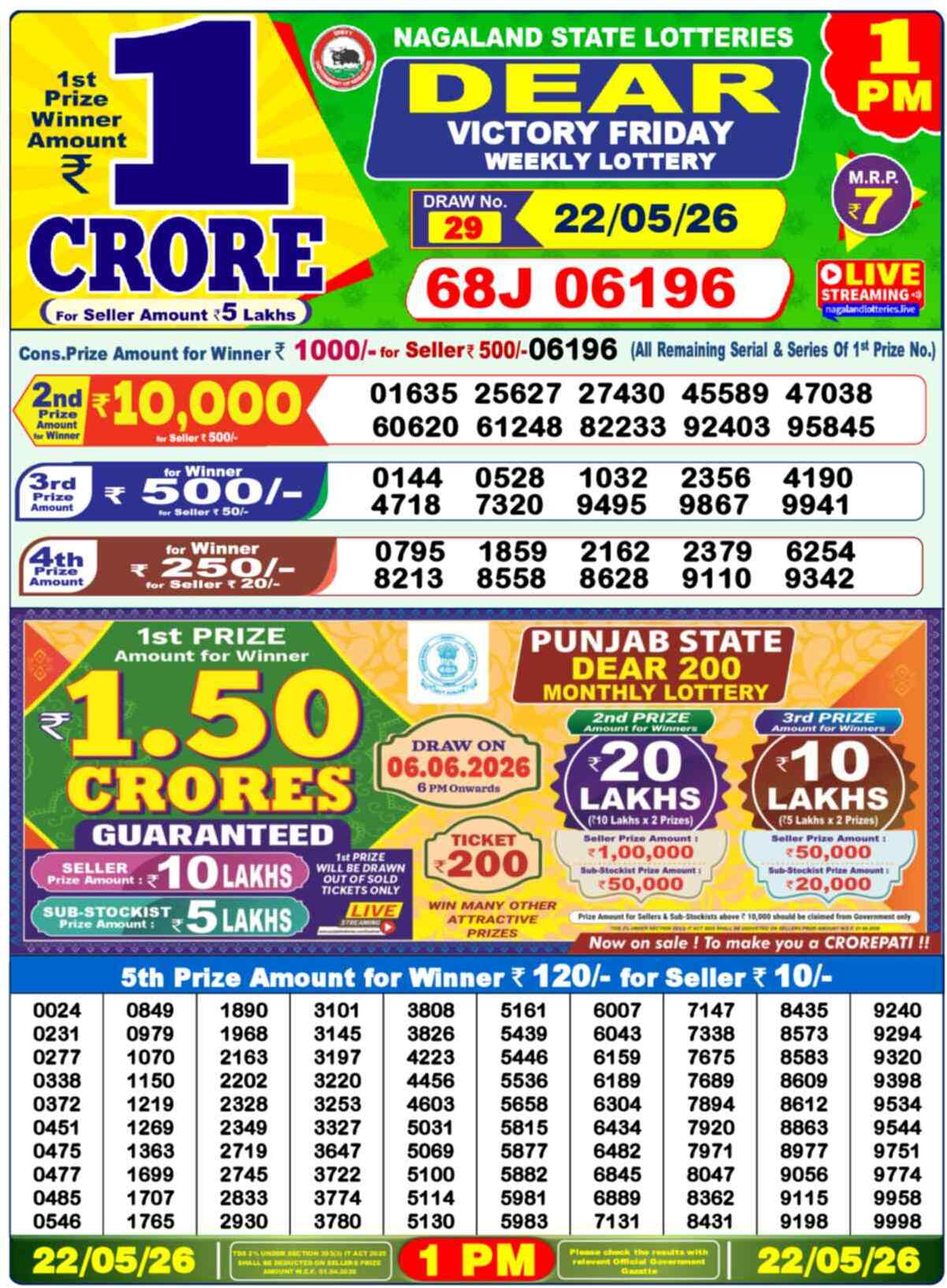 Dear Lottery 1 PM Result 22/05/26