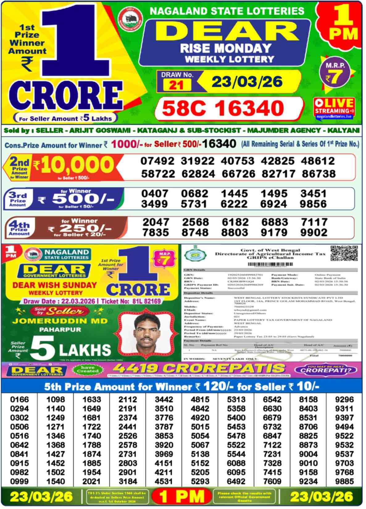 Dear Lottery 1 PM Result 23/03/26