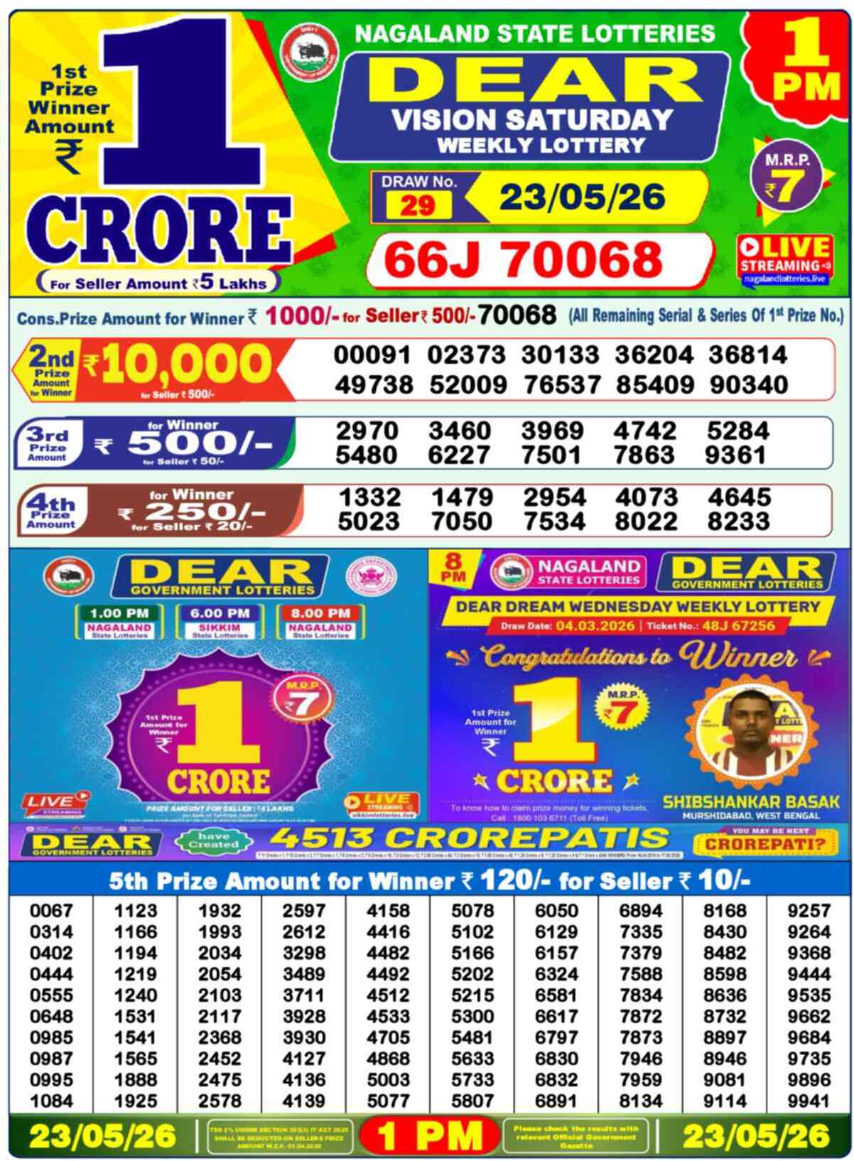 Dear Lottery 1 PM Result 23/05/26