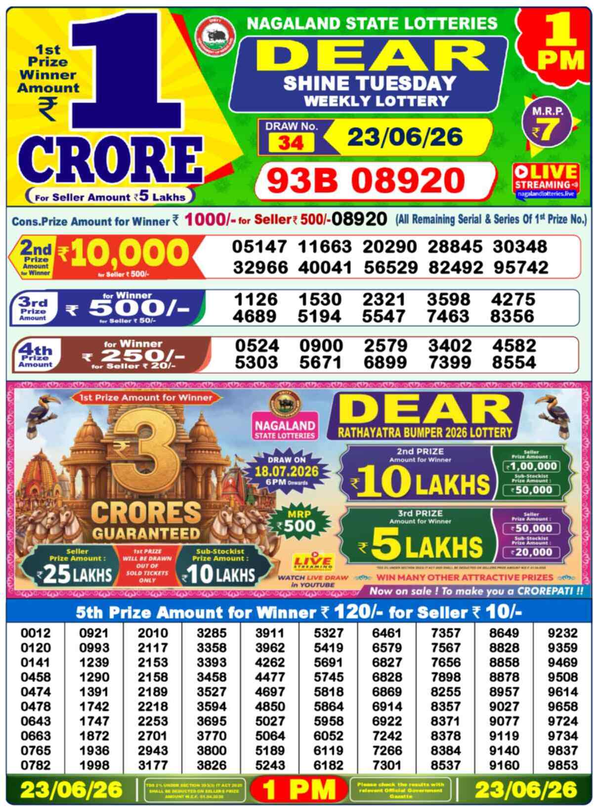 Dear Lottery 1 PM Result 23/06/26