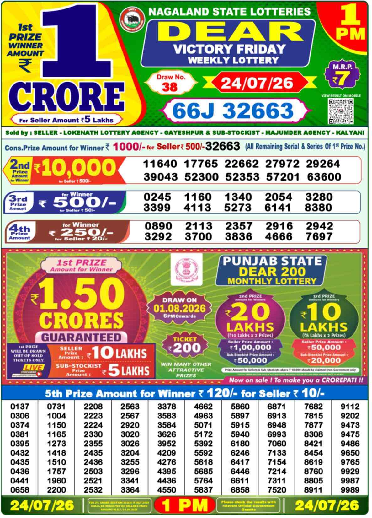 Nagaland State Lottery 1 PM Result 24-07-2026