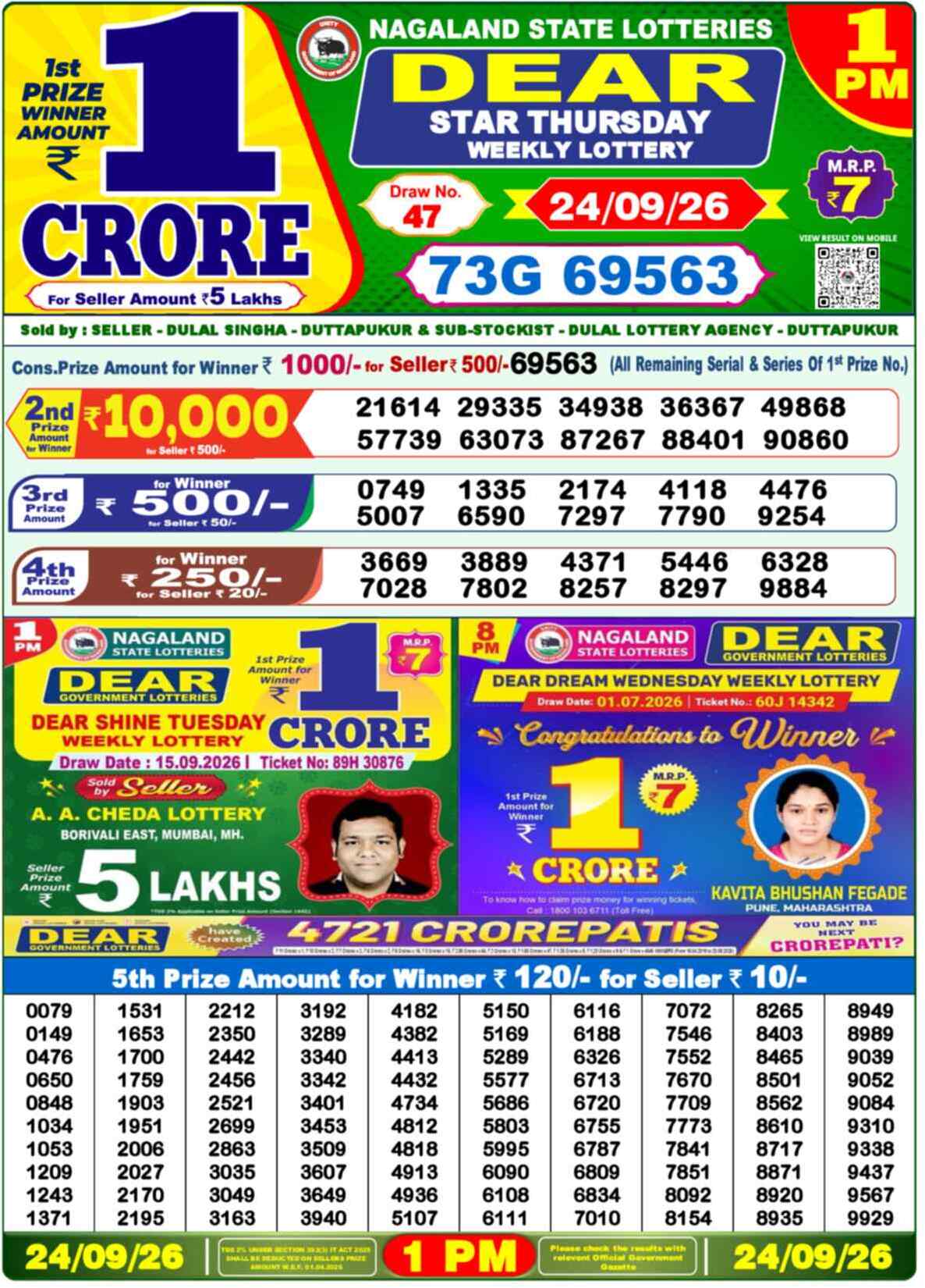 Nagaland State Lottery 1 PM Result 24-09-2026