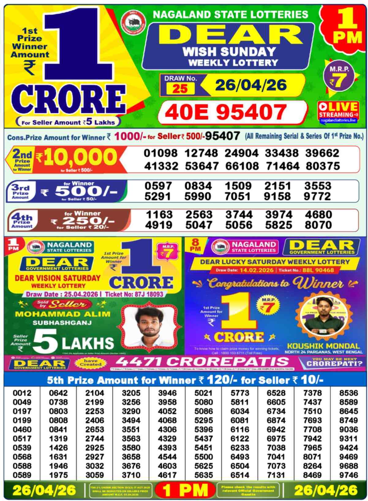 Dear Lottery 1 PM Result 26/04/26
