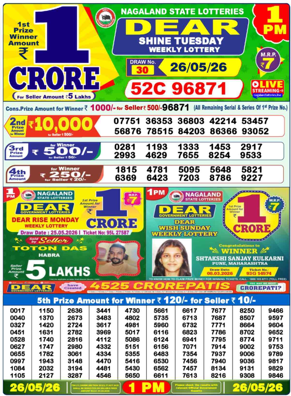 Dear Lottery 1 PM Result 26/05/26