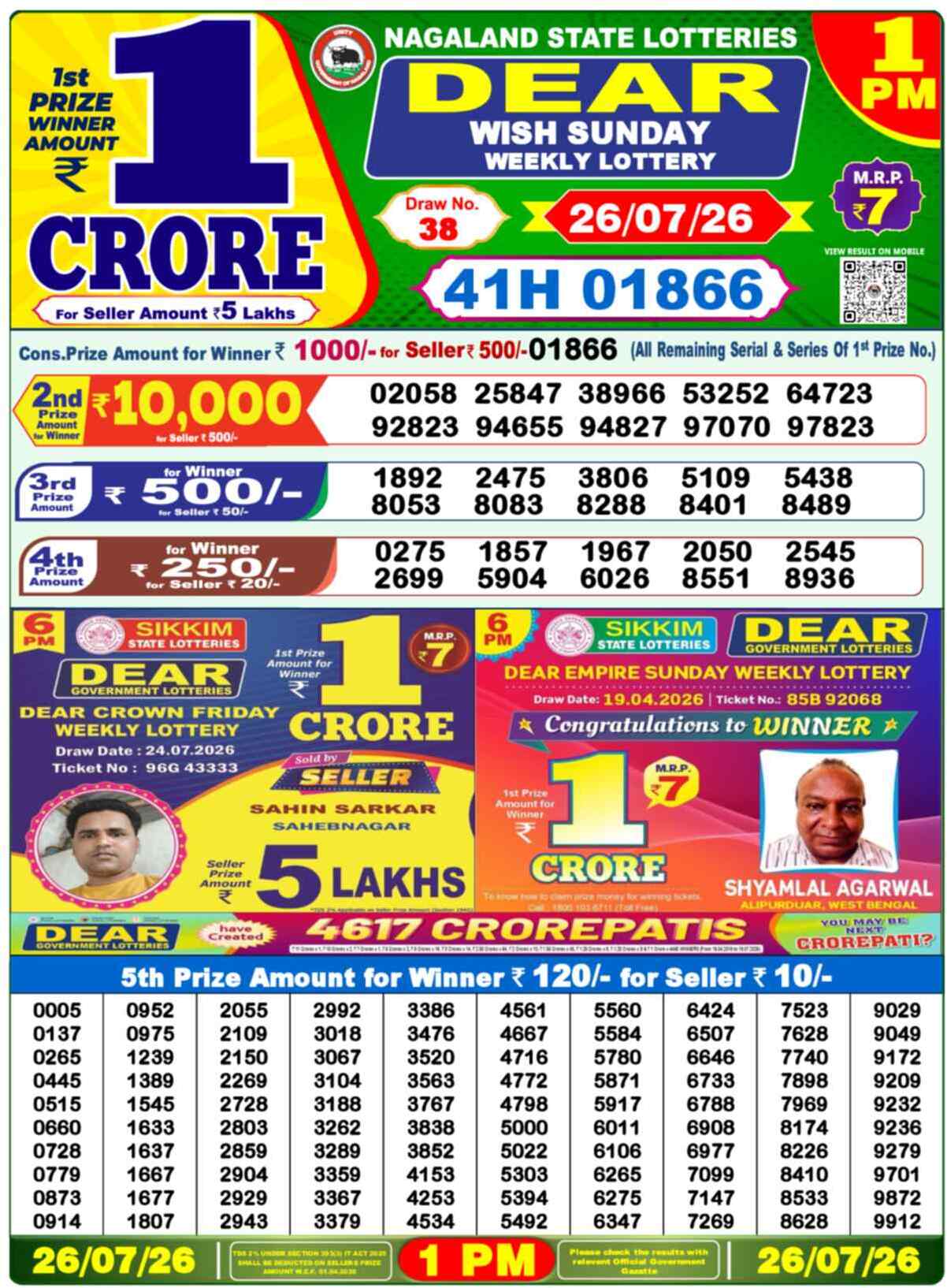 Nagaland State Lottery 1 PM Result 26-07-2026