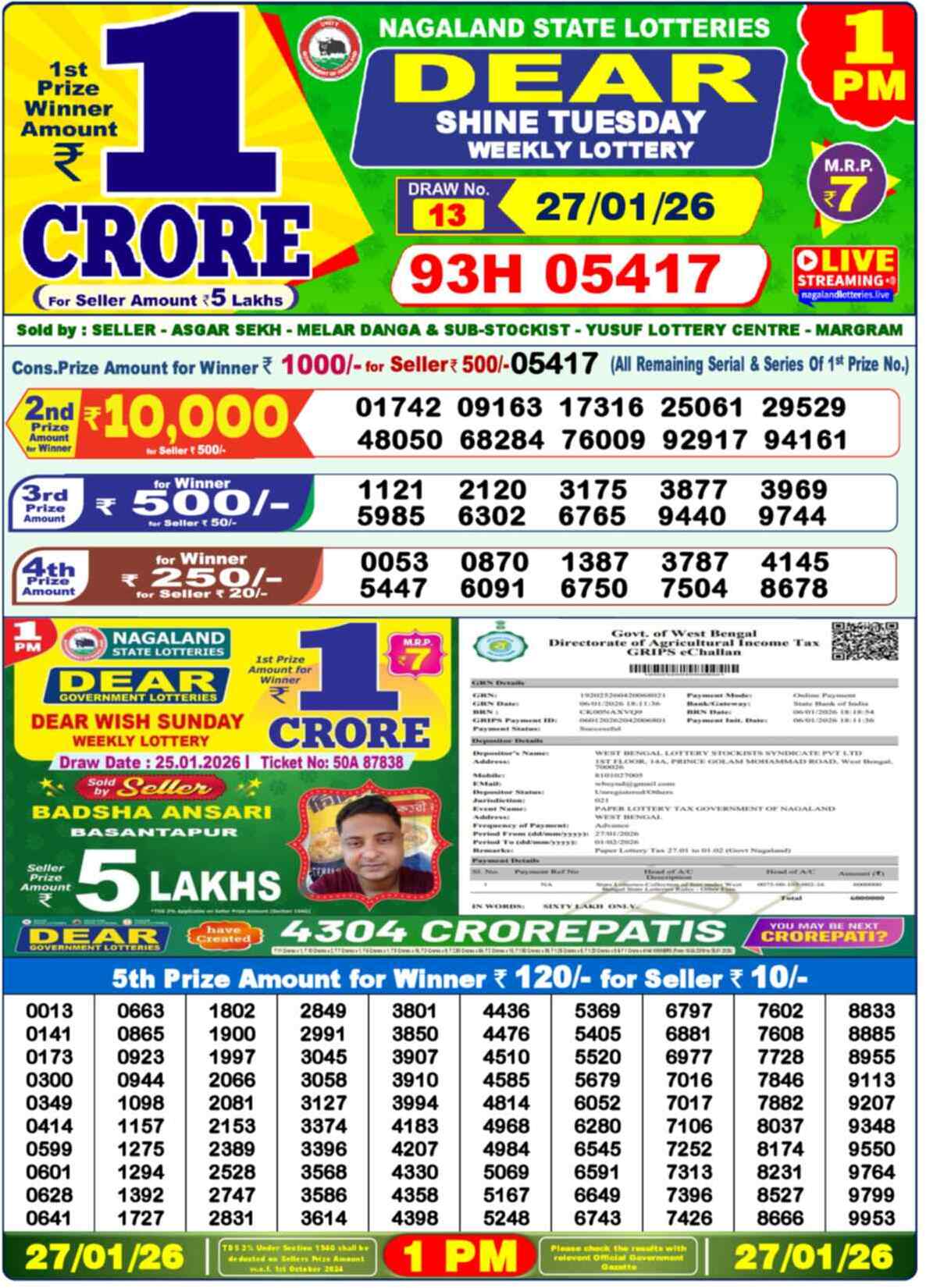 Nagaland Lottery 1 PM 27.01.2026