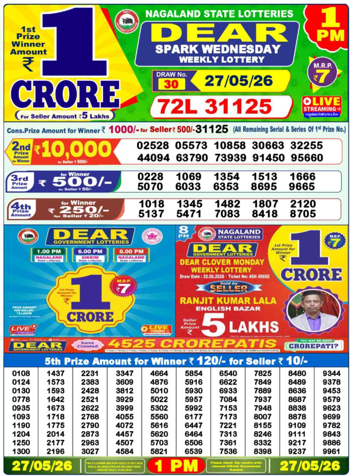 Dear Lottery 1 PM Result 27/05/26