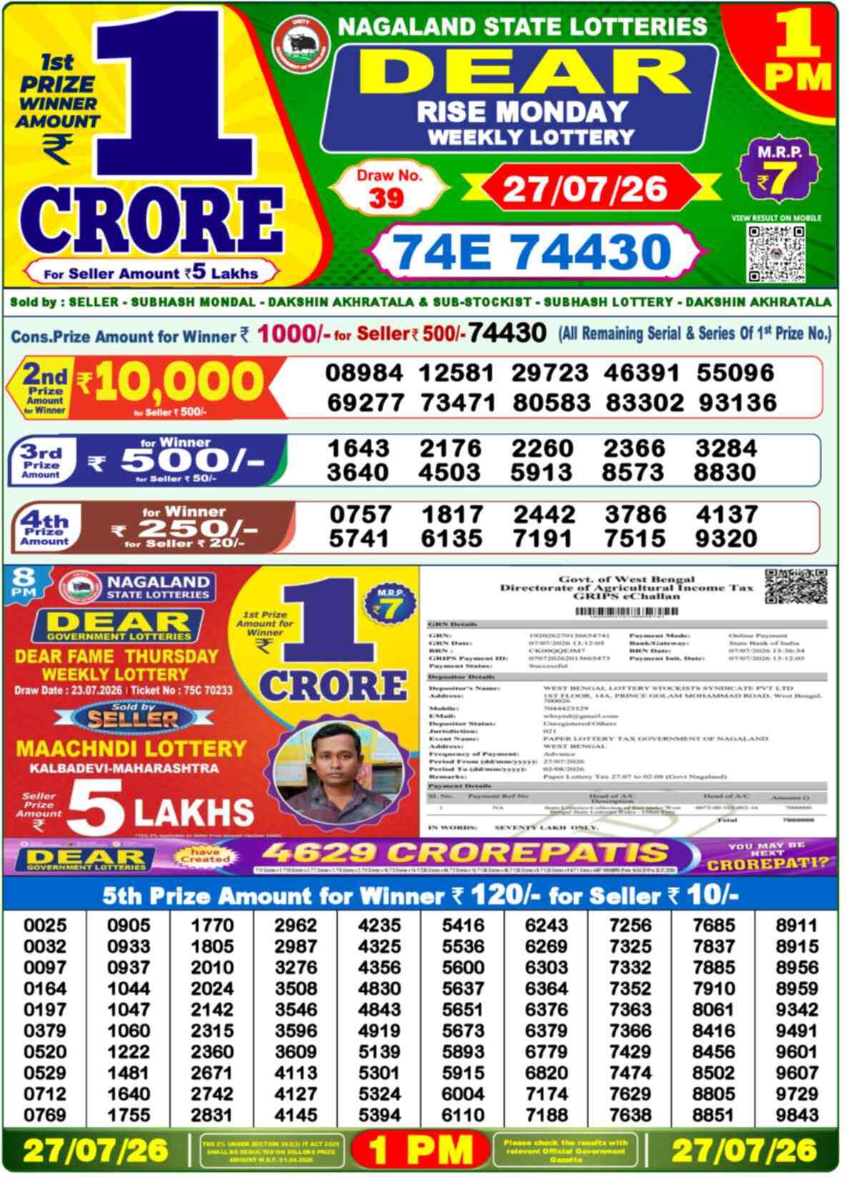 Nagaland State Lottery 1 PM Result 27-07-2026
