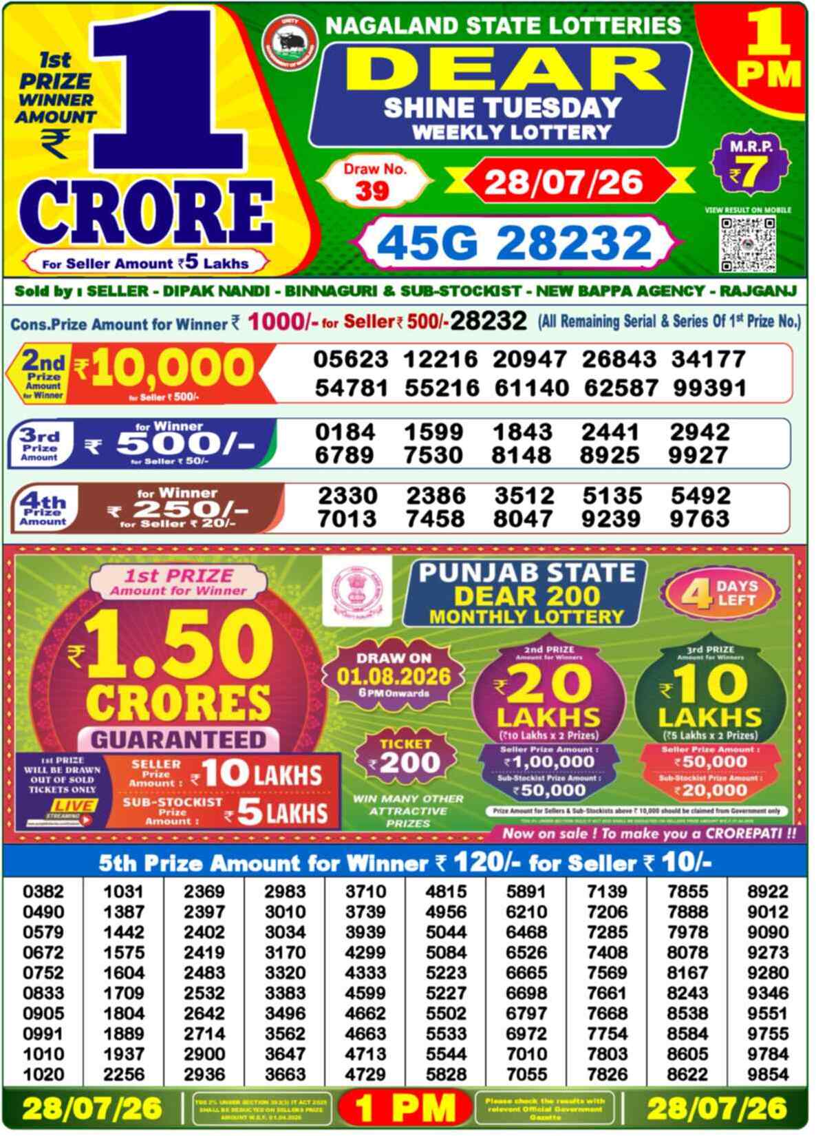 Nagaland State Lottery 1 PM Result 28-07-2026