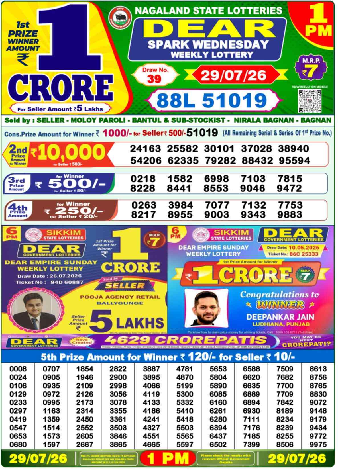 Nagaland State Lottery 1 PM Result 29-07-2026