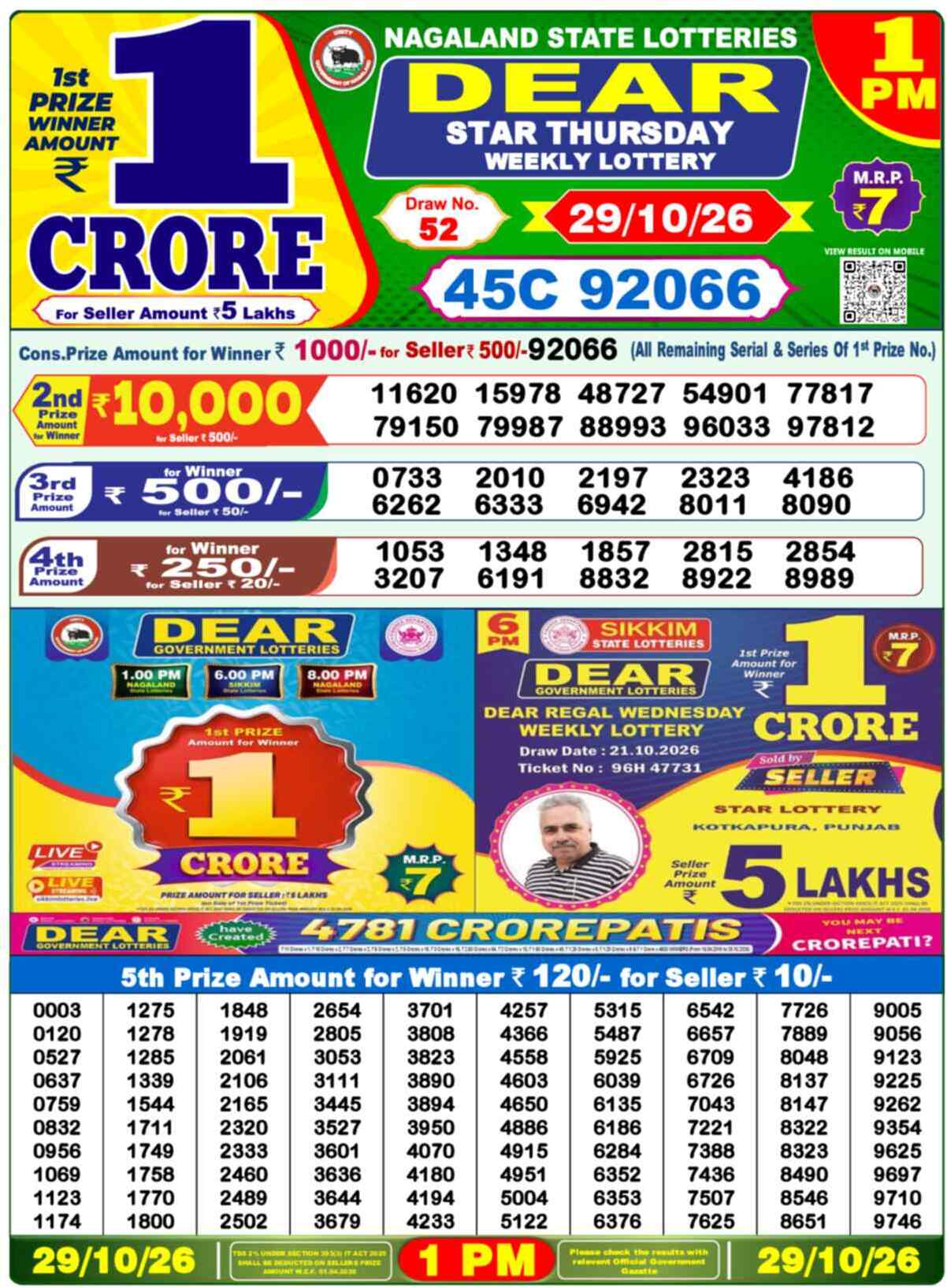 Nagaland State Lottery 1 PM Result 29-10-2026