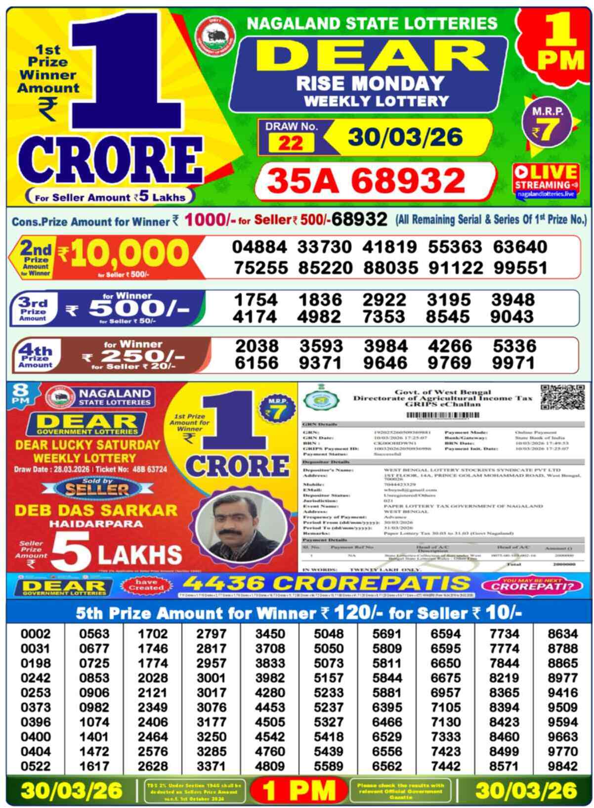 Dear Lottery 1 PM Result 30/03/26
