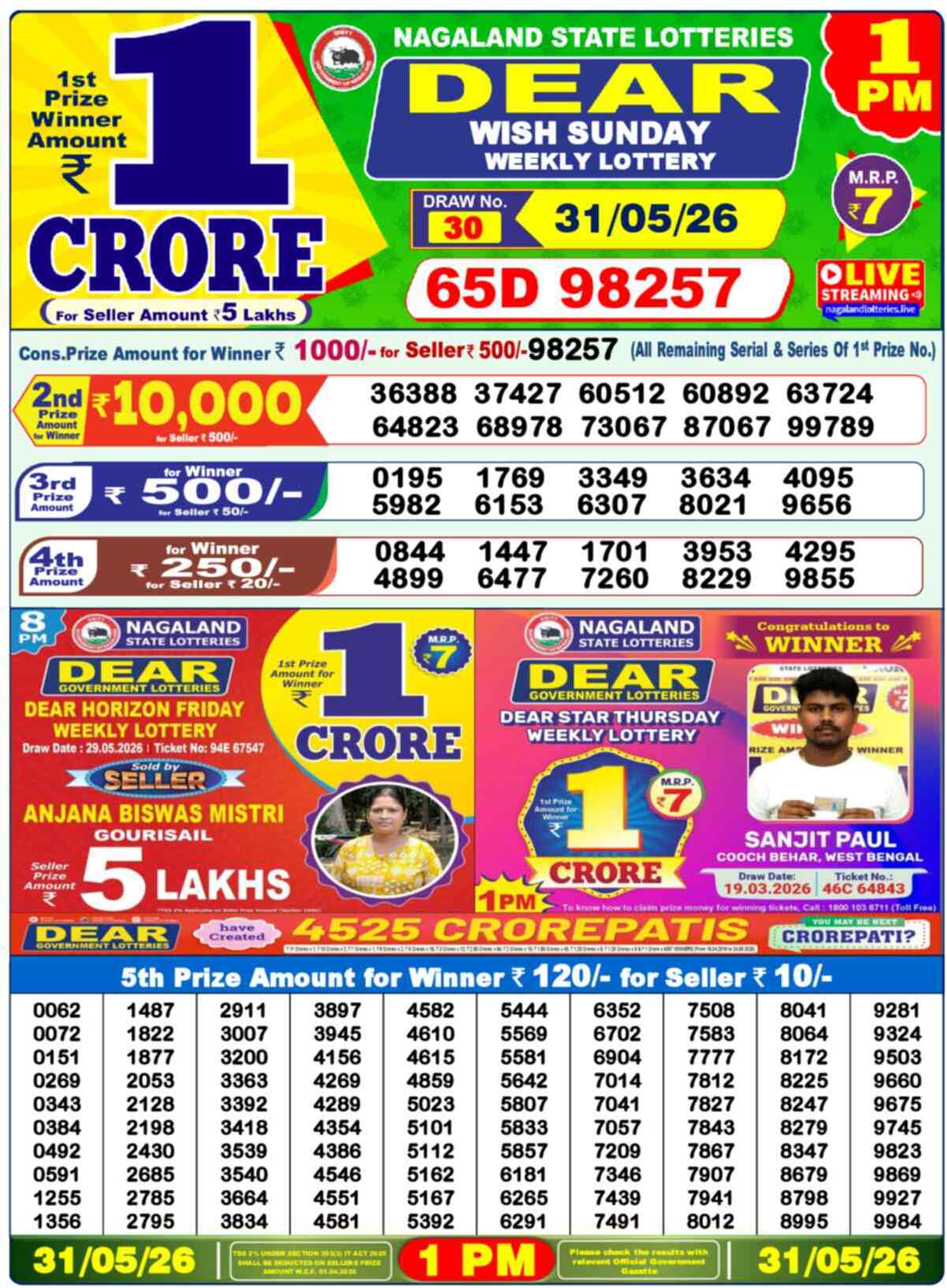 Dear Lottery 1 PM Result 31/05/26
