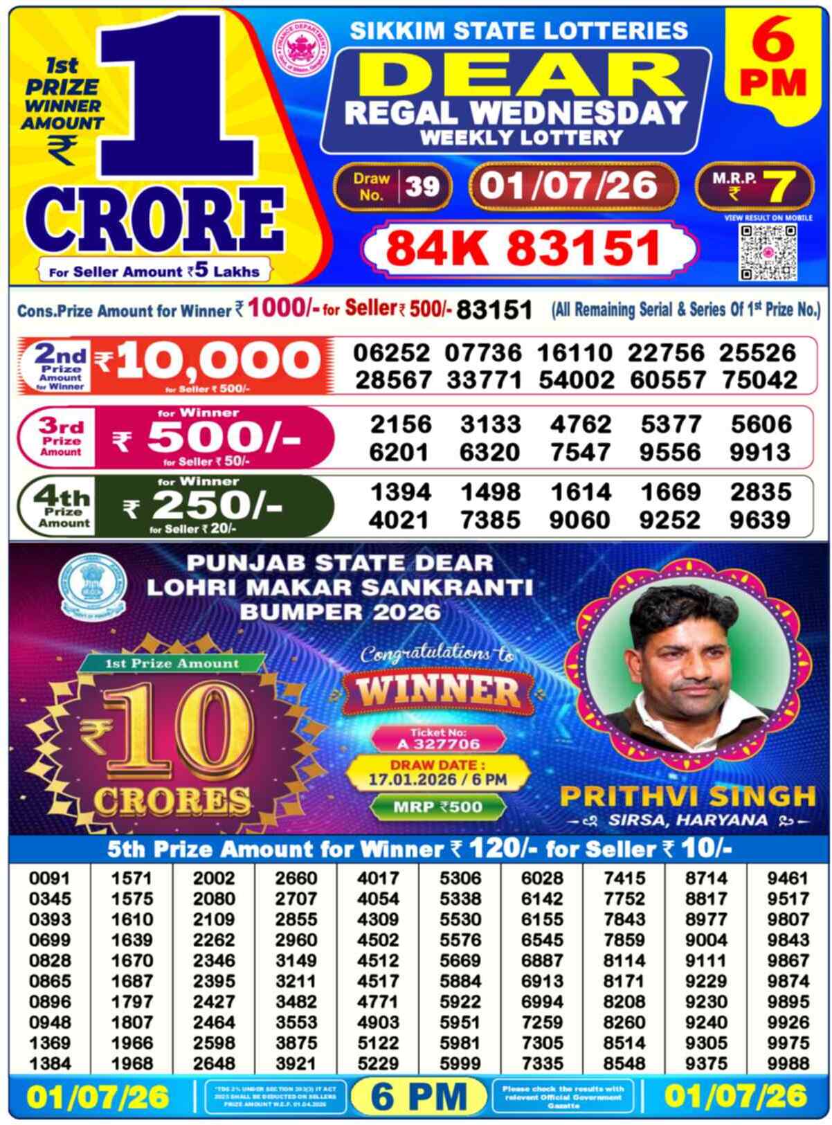 Dear Lottery 6 PM Result 01/07/26
