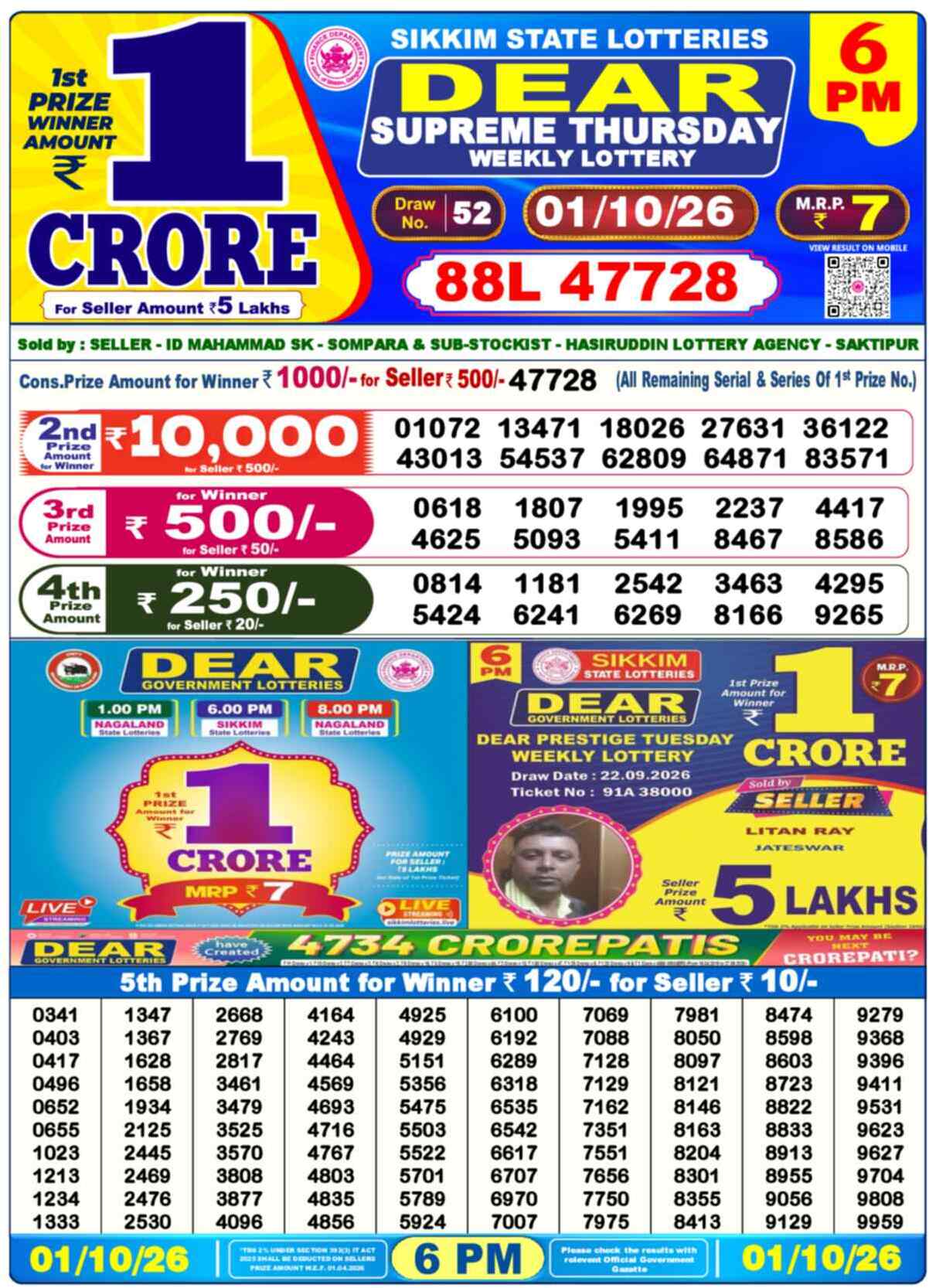 Nagaland Lottery Result 6 PM 01.10.2026